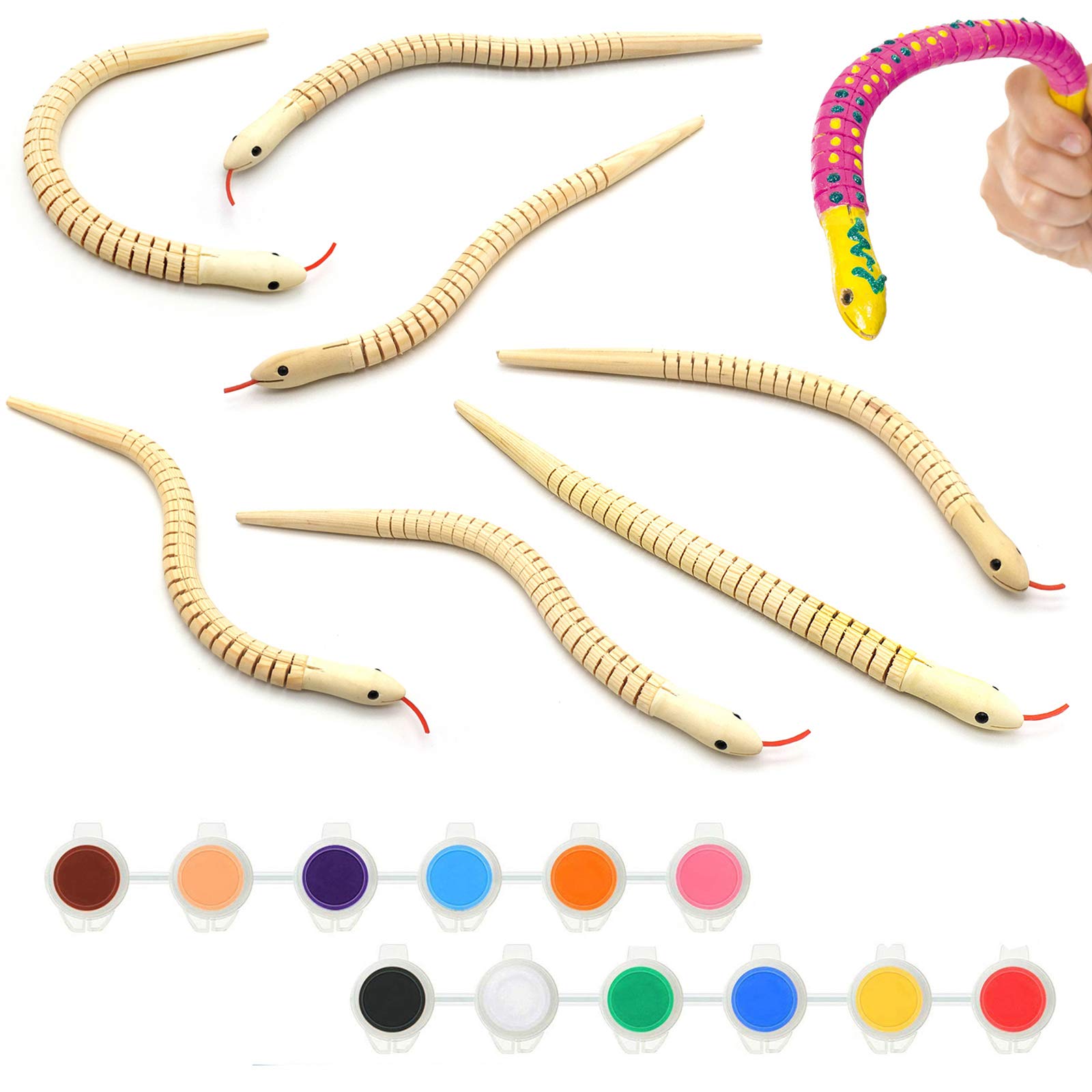 Unfinished Wooden Wiggly Snakes 8 Pcs with 12 Colors Acrylic Craft Paint and 2 Paint Brush - 12" Flexible Natural Timber Snake for Arts and Crafts Themed Birthday Party Supplies, Halloween Prop Toys