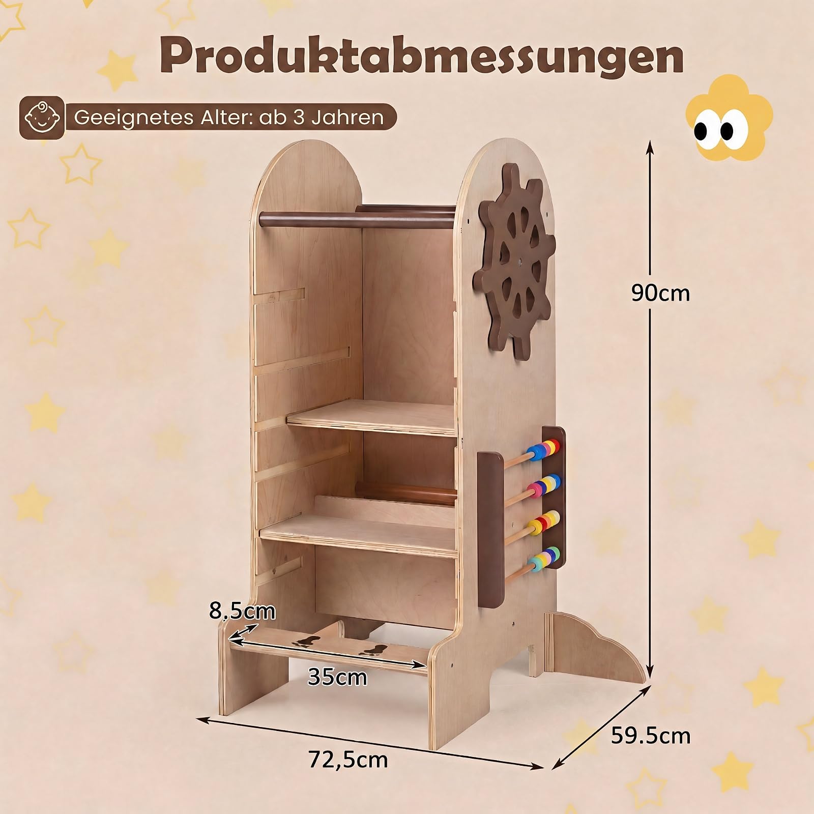 DREAMADE 4 in 1 Lernturm mit Rutsche, Trittleiter mit 3 verstellbaren Höhen | Tritthocker Montessori mit Abnehmbarer Tafel & Spielbrett, Learning Tower aus Buchenholz, Trittschemel für Kinder ab 3 Jahr