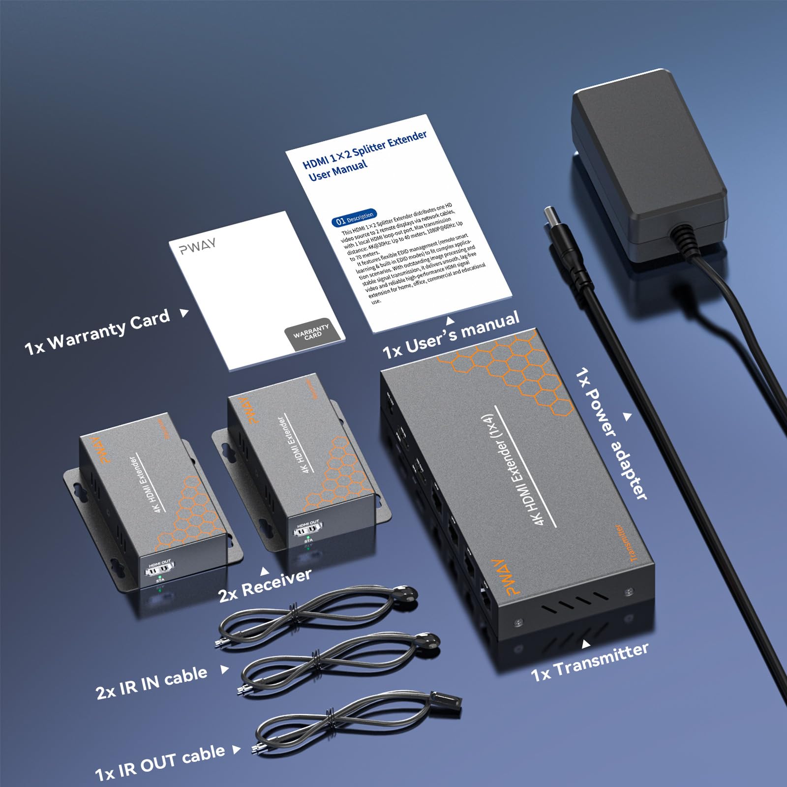 PWAY 4K HDMI Extender Splitter 1x2 su Cat5/6/7,HDMI over Ethernet 131ft PoC IR Loop Out