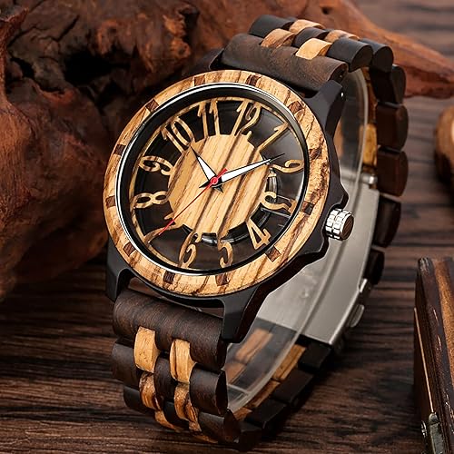 Miniatura 5 de Brown Deep Black Ebony Zebra Reloj de cuarzo de madera para hombre, correa de madera con cierre plegable para hombres