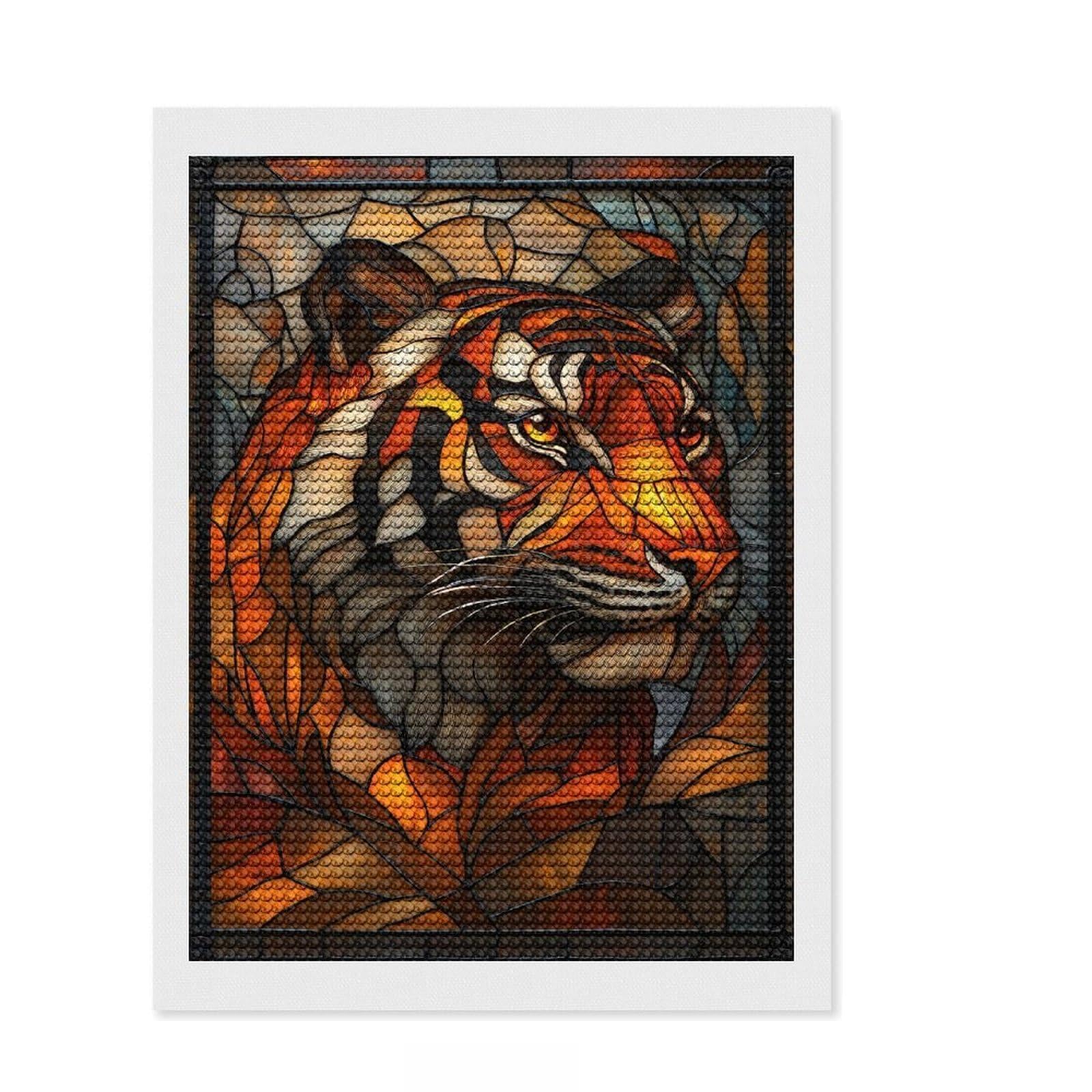 Junmoney Stained Glass Tiger Artwork DIY Diamond Art Canvas Kit 12"x16", Satisfying Creative Project, Mindful Craft Activity, Cosy Home Accent, Gift Idea