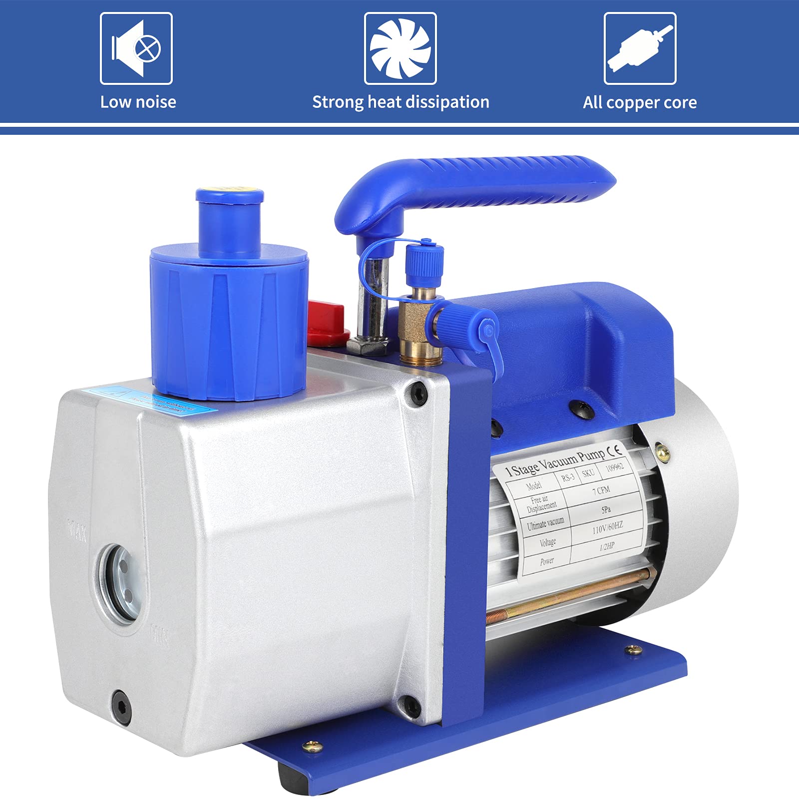 GYZJ 7 CFM Rotary Vane Vacuum Pump (7CFM,1/2HP,5 Pa,250ml Oil Capacity