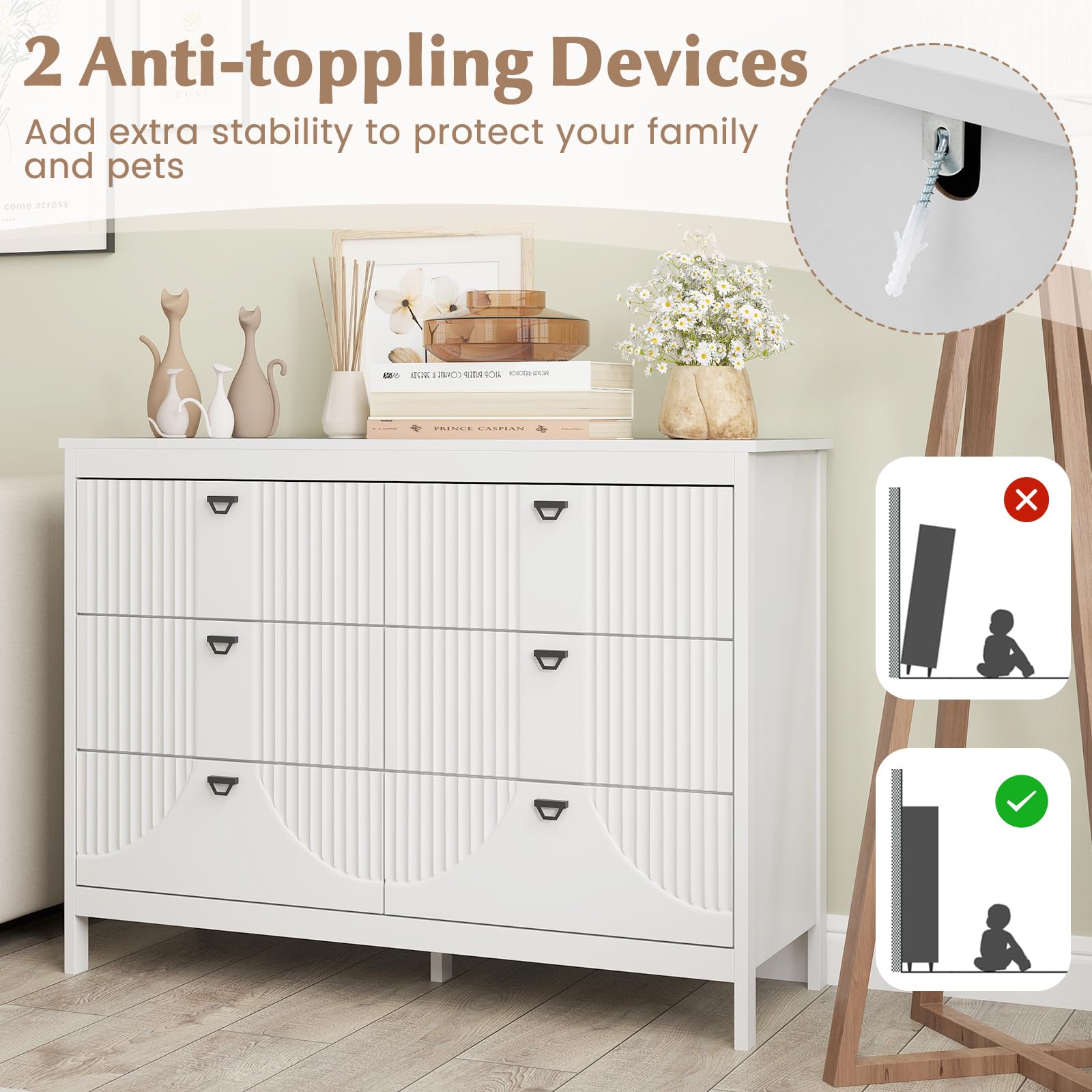 GIANTEX Cassettiera in legno con 6 cassetti, mobile portaoggetti con kit antiribaltamento, 106 x 40 x 79 cm, aspetto elegante, cassettiera per camera da letto, soggiorno, ingresso, bianco