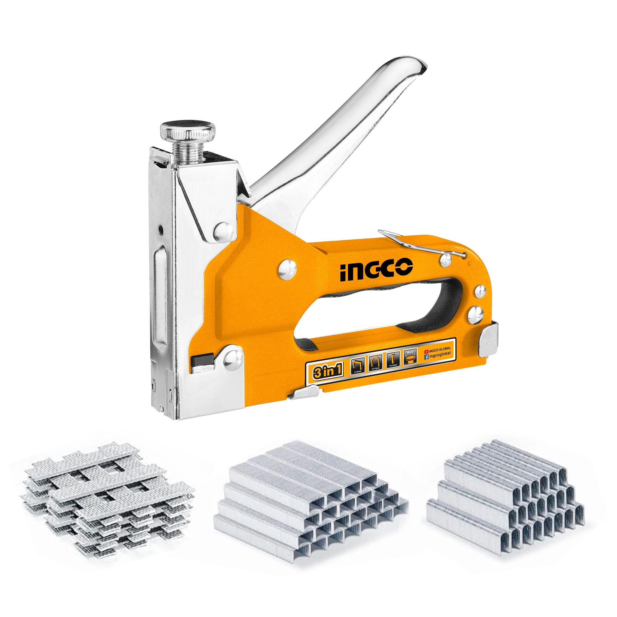 Grapadora INGCO, 3 en 1 con 1000 grapas, 1000 grapas en forma de U, 1000 clavos HSG1407