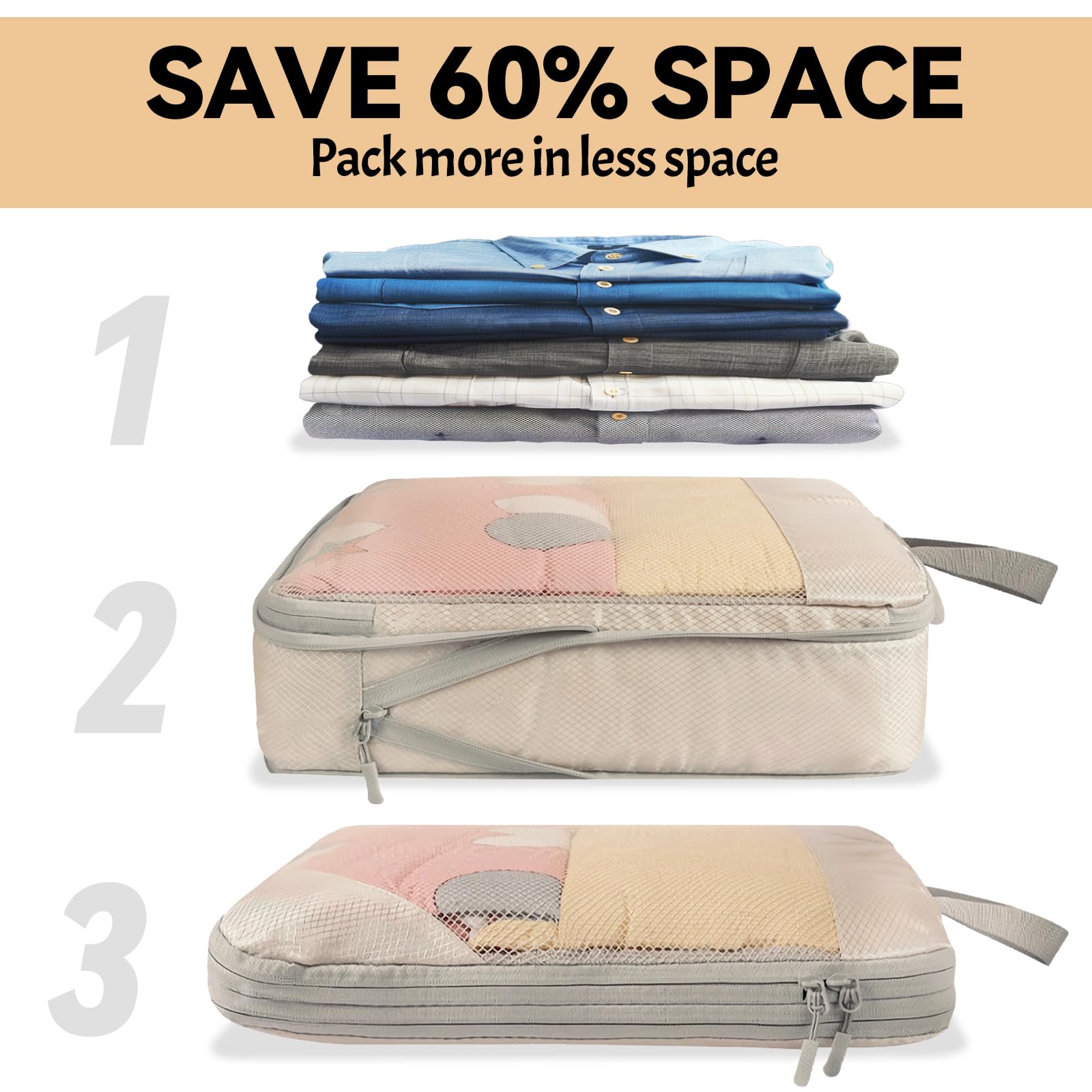 Organizer Valigia 8 Pezzi Set, Packing Cubes Compression Organizzatori Valigia Viaggio Vacanze e Viaggi, Organizer Valigie Set, organizer valigia salvaspazio(Beige)