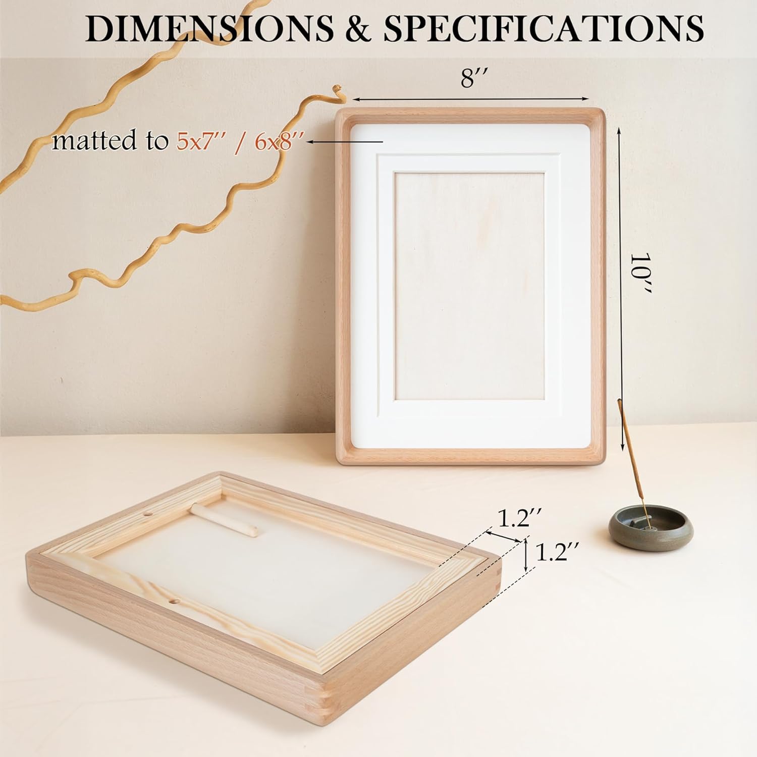 Wooden 8x10 Picture Frame Matted to 6x8 / 5x7, Natural Beech Wood Photo Frame White, Pine Wood Back Panel - Image 2