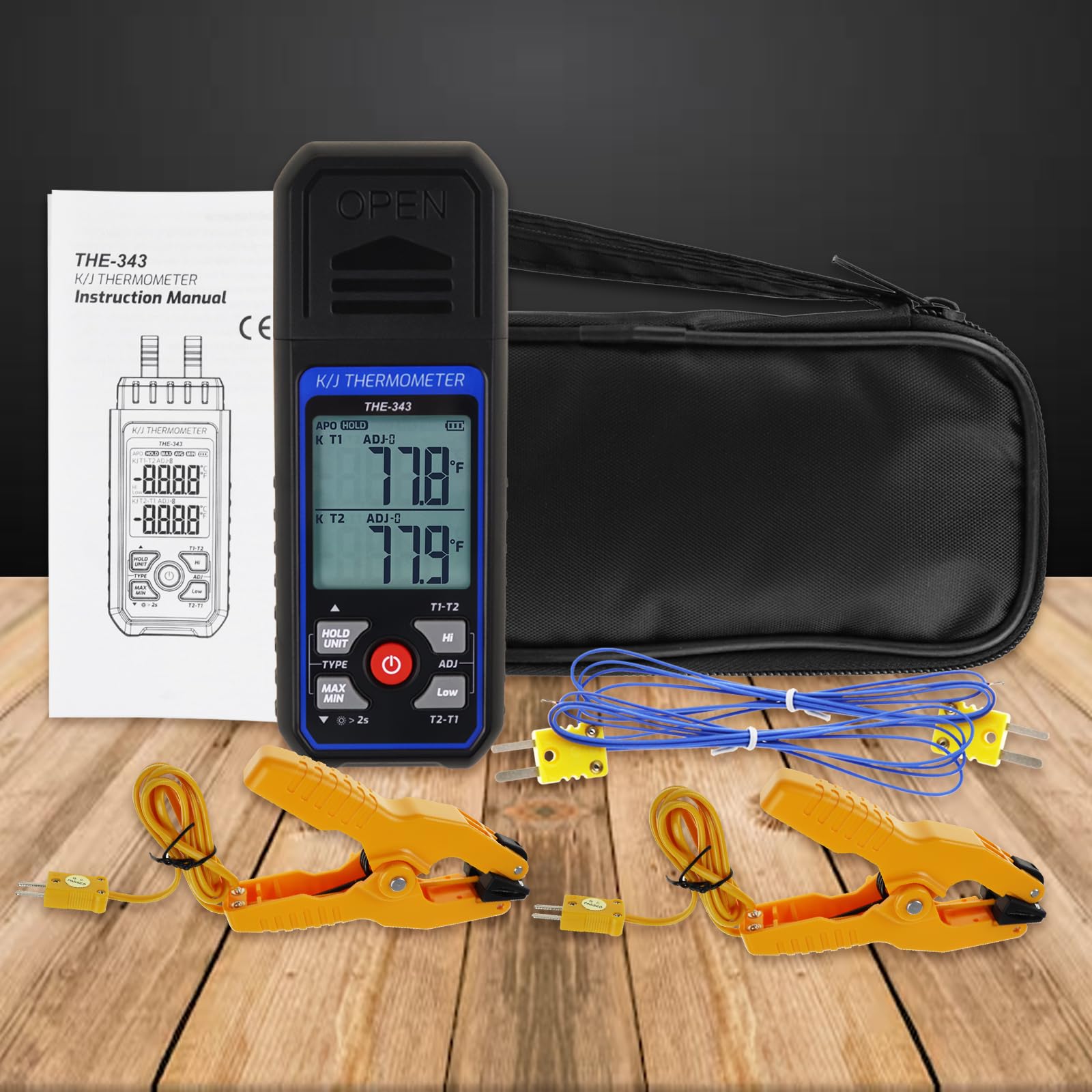 Termómetro Digital con Termopar, Medidor de Temperatura HVAC con 2 Pinzas de Temperatura y 2 Sondas de Termopar con Cable, Doble Canal con Alarma y Compensación ADJ (-328~2500 ℉)