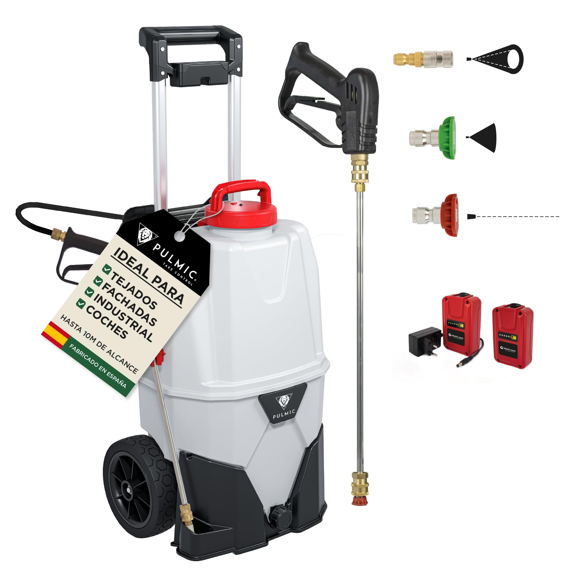 Pulmic Pulverizador a Presión Eléctrico Industrial 35L, 2 Baterías Litio 18V, 7 Bares, 3 Velocidades, Manguera 6M, Boquillas Rápidas, Pulverizador Químicos, Limpieza Tejados, Fachadas y Superficies