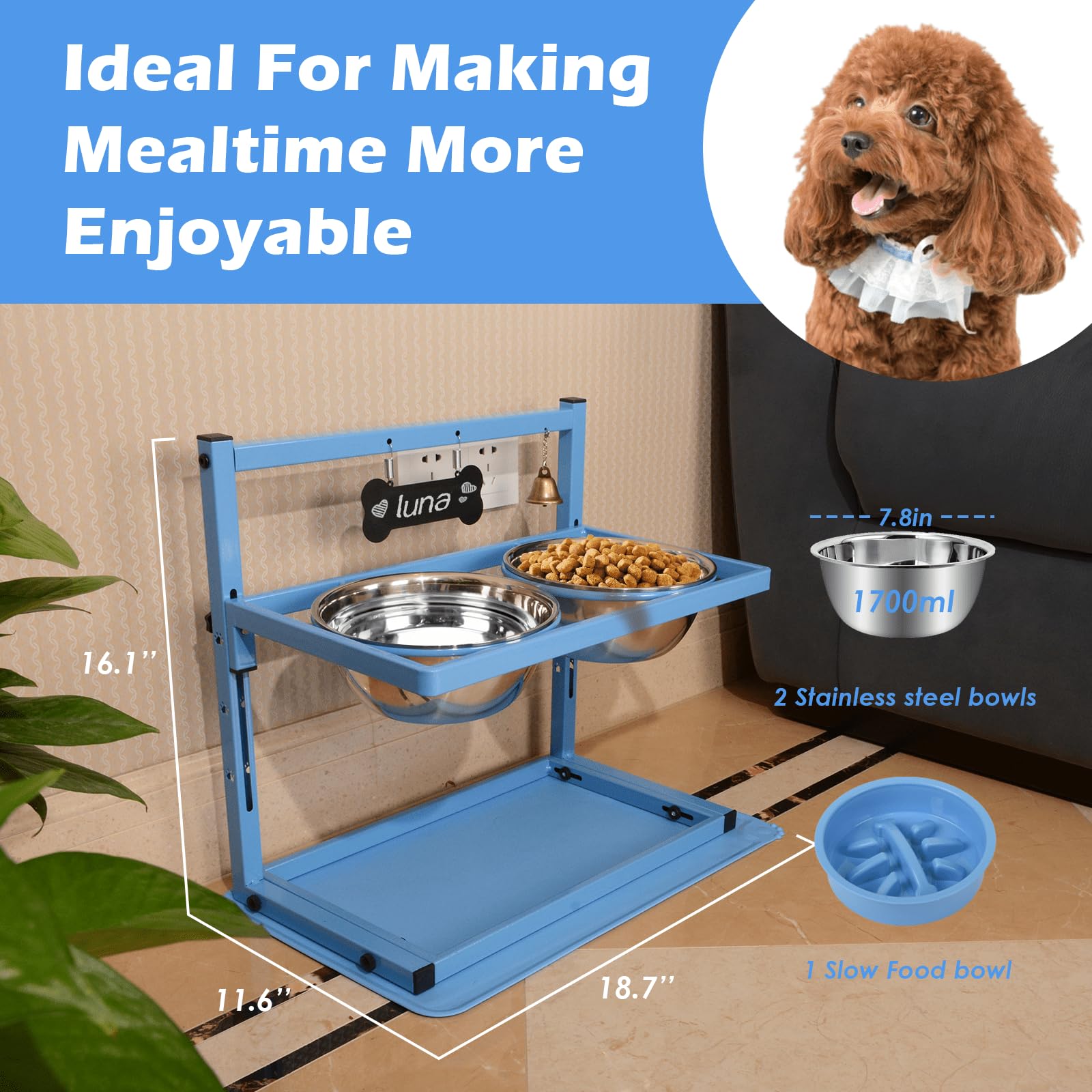 SHAINFUN Soporte Elevado Azul para Perros con Dos Cuencos de Acero Inoxidable de 1700 ml, un comedero Lento y tapete a Prueba de derrames, Cuencos elevados Ajustables para Razas Grandes, Medianas y
