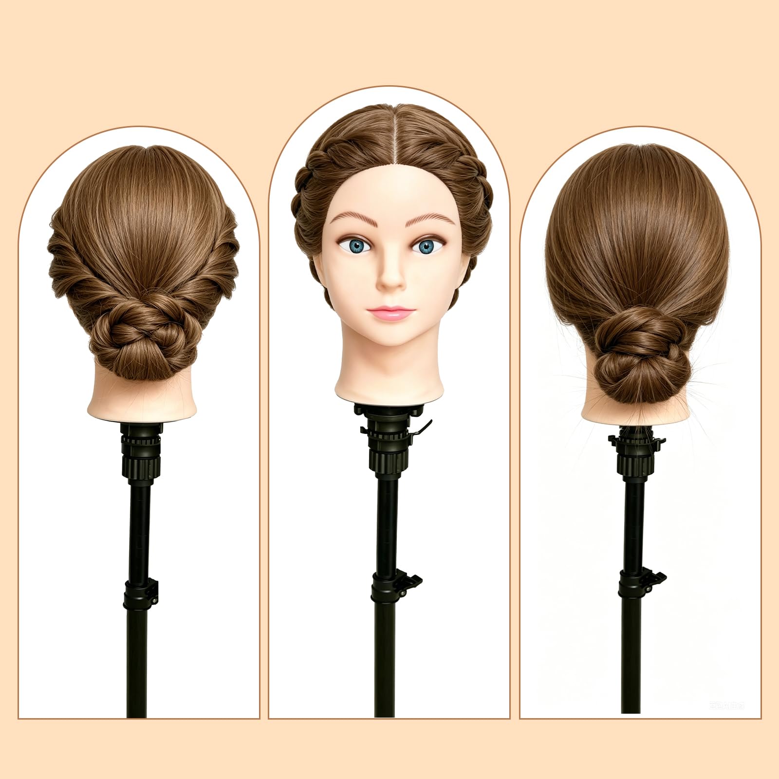 Yofuly 20Zoll/50cm Frisierkopf, 100% Echthaar Übungskopf, Frisieren Trainingsköpfe Puppenkopf Friseur Mannequinkopf mit Tischklemme + DIY-Zopfset (Braun)