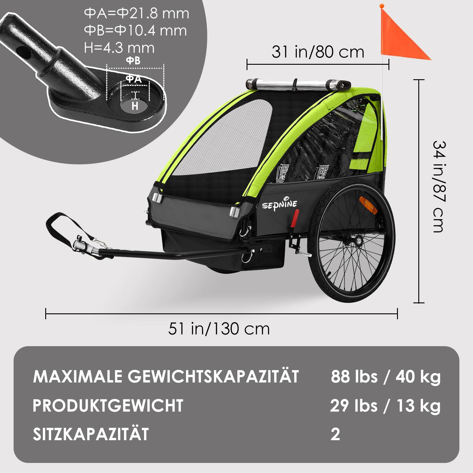 SEPNINE Kinderanhänger für Fahrrad, Fahrradanhänger für 1-2 Kinder, mit 5-Punkt-Sicherheitsgurt, Luftreifen, Handbremse, Faltbar, Max. 40 kg (Grün)