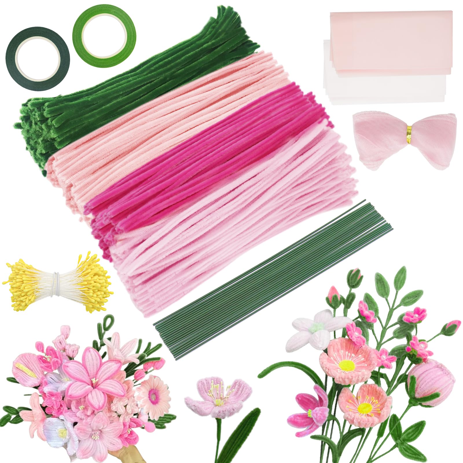 YSUVIN Pfeifenreiniger Blumen Set 785 Stück, Rosa Grün Pfeifenputzer zum Basteln mit Staubgefäße, Blumenstiel, Fischschwanzgarn, Klebeband, Geburtstag Karte DIY
