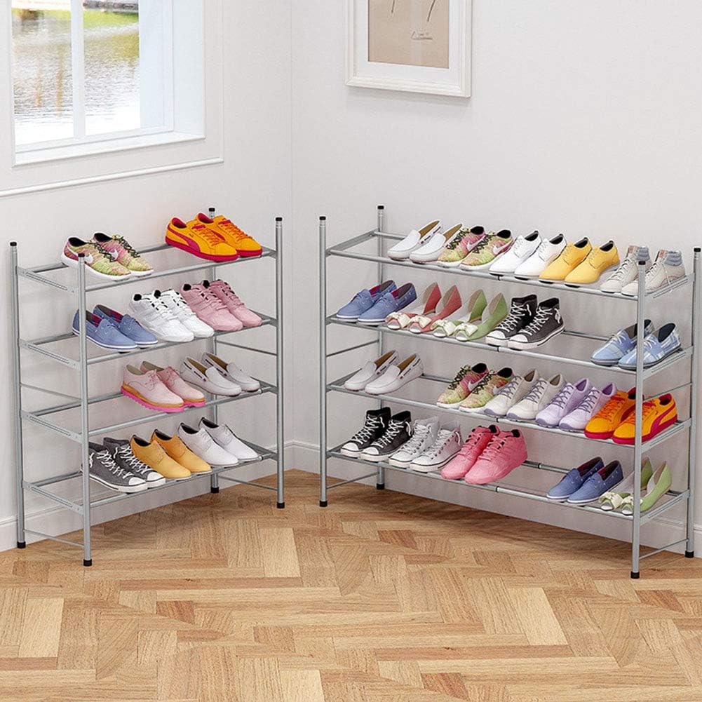 4-Tier Free Standing Shoe Rack Metal Iron of Expandable and Adjustable Shoes Organizer Stackable Shoe Shelf for Entryway Doorway White