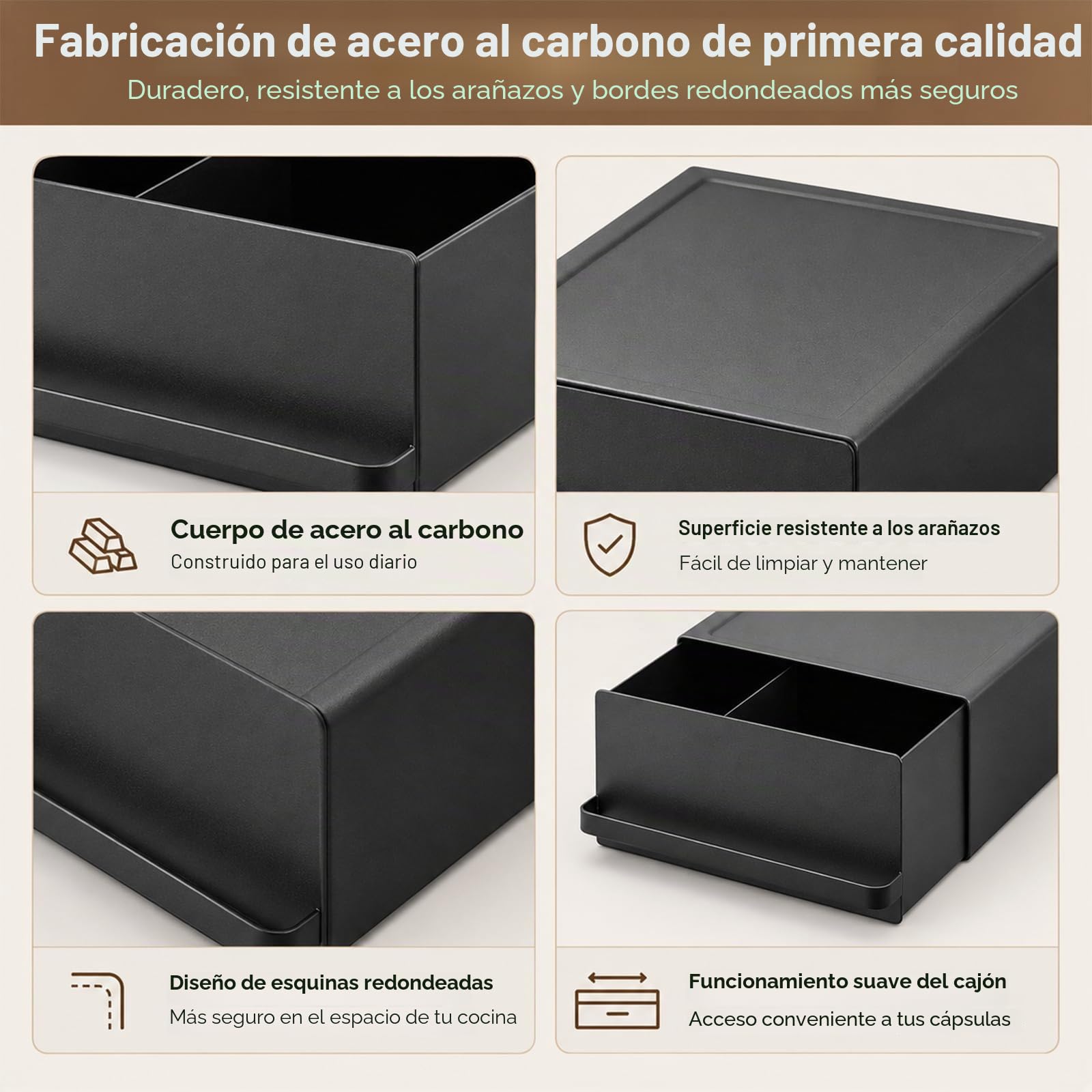 Soporte para Cápsulas de Café con Cajón Organizador de Acero al Carbono | Organizador de Café para Encimera con Almacenamiento para Cafetera y Accesorios, Capacidad de Carga de 5 kg