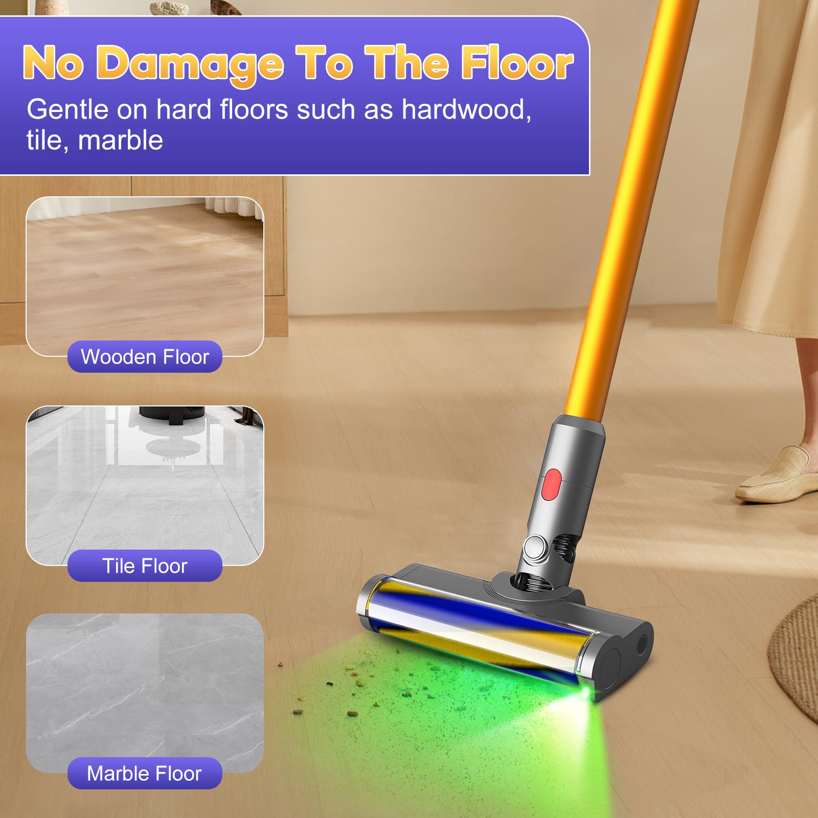 Spazzola a rullo morbida per Dyson V12 Detect Slim / V10 Slim Accessori, senza fili, per pavimenti in legno duro con luce verde