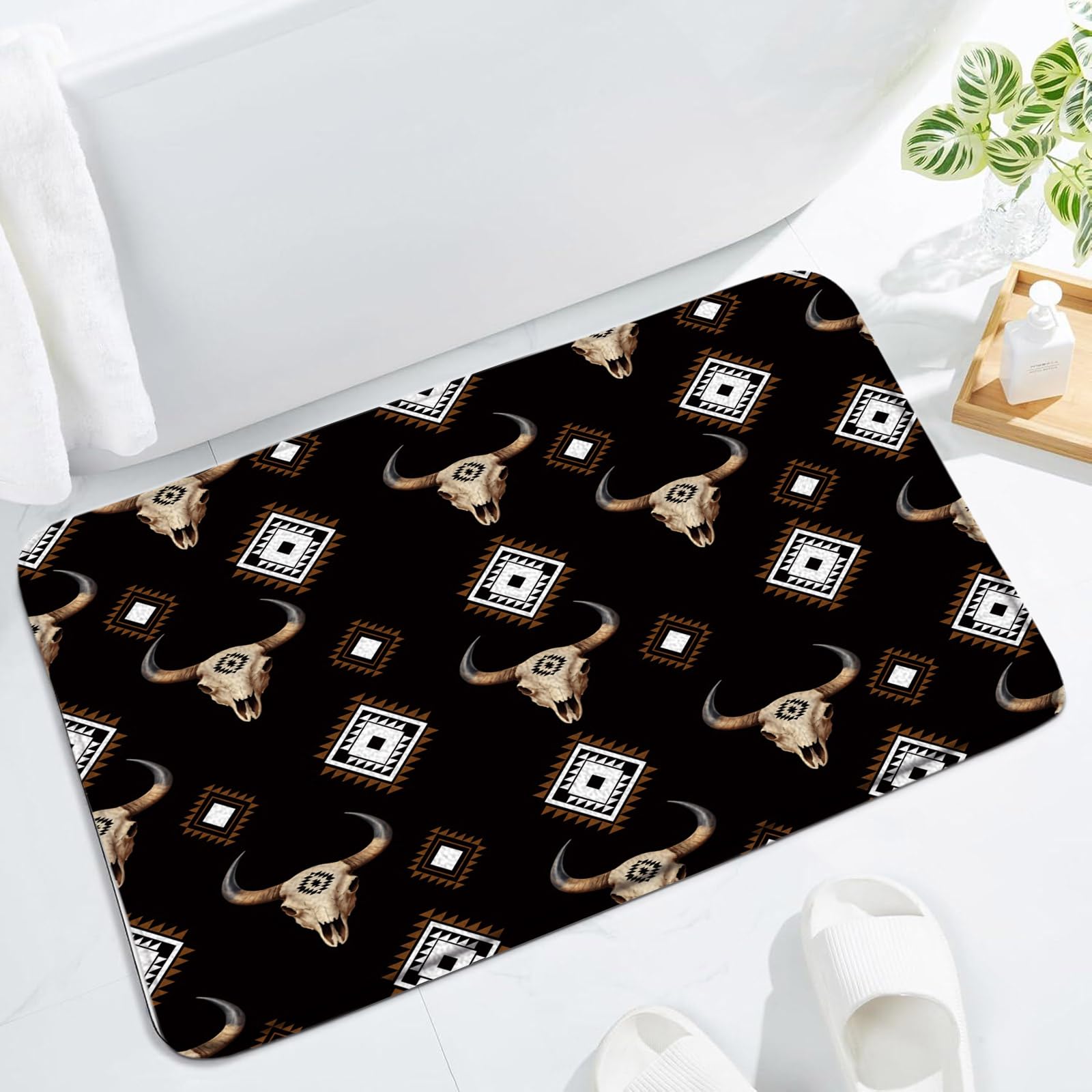 Western Bath Mat Boho Aztec Bull Skull Cowboy Ethnic Native Tribal Southwest Cow Farmhouse Bathroom Rug Floor Carpet