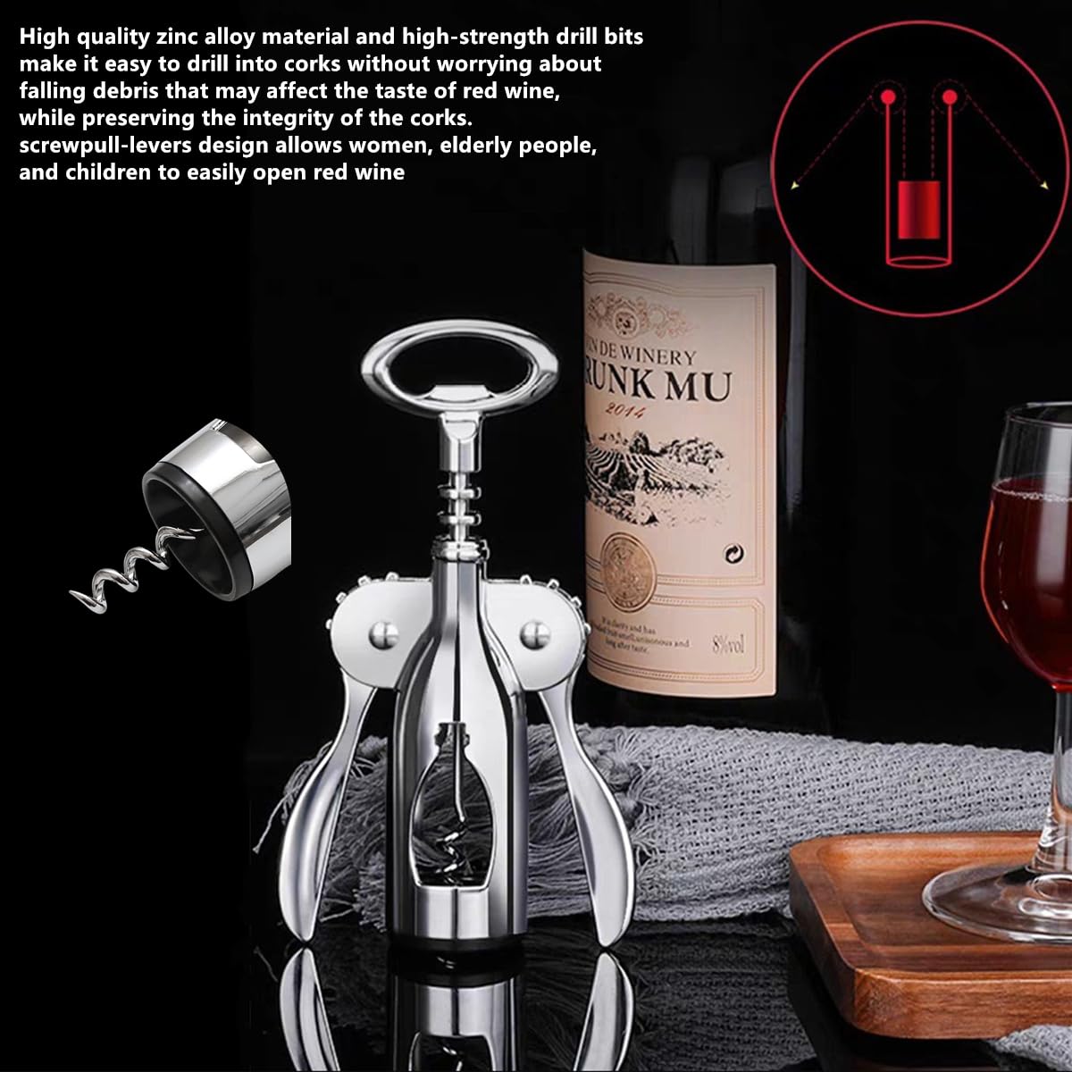 Abridor de vino con abrebotellas multifuncionales, aleación de zinc premium 2 en 1 abridor de botellas de vino