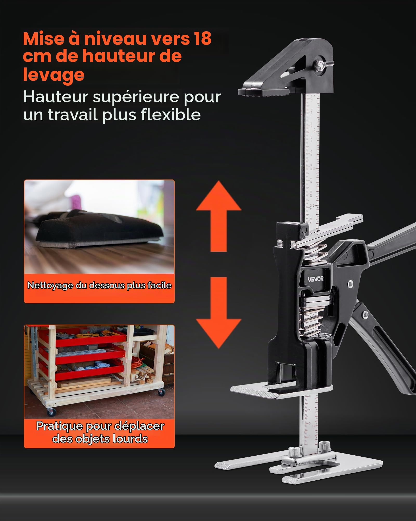 VEVOR Cric à Bras 2PCs, Lève Meubles Portes Plaques avec Capacité 100 kg, Outil de Levage Manuel en Métal, Hauteur Réglable jusqu'à 18 cm, avec Niveau Magnétique, pour Fenêtres, Installation, Noir