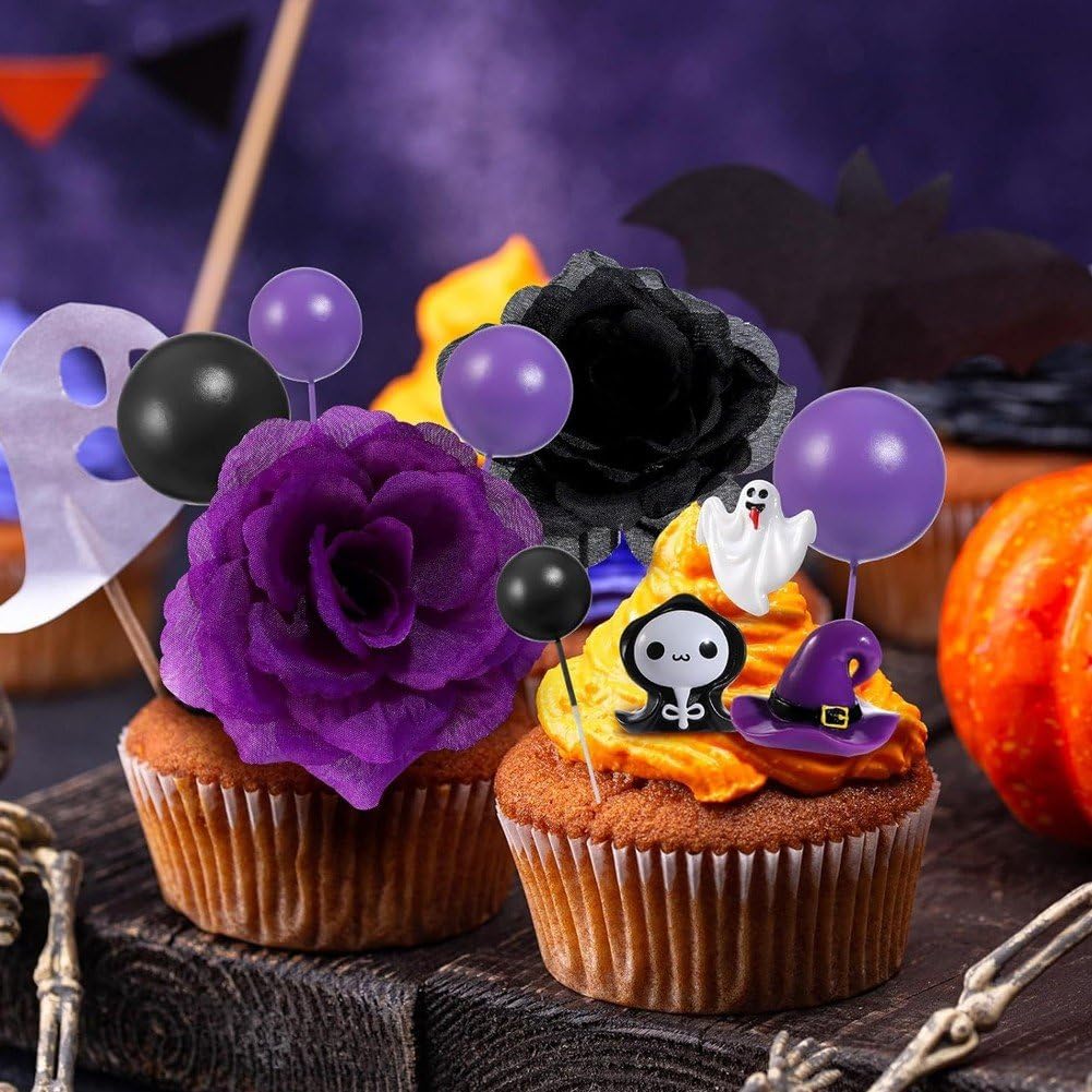 44 dekoracje na tort halloweenowy w kształcie kwiatu, gotycki, z różami, duchami, balonami, na przyjęcie urodzinowe