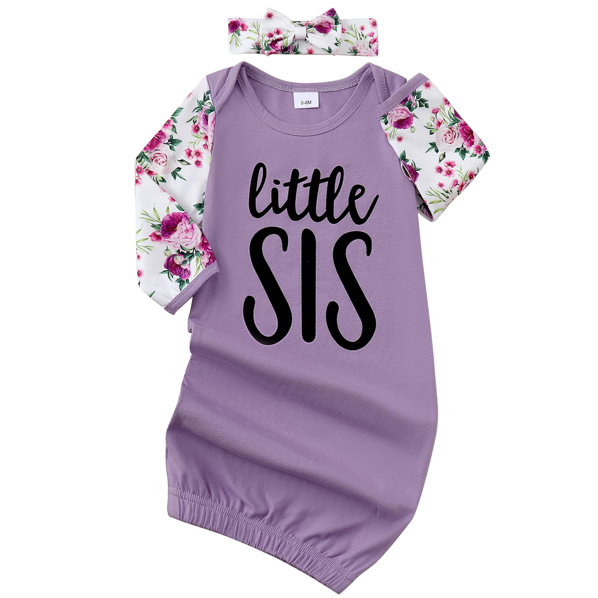 AMAWMW Newborn Baby Girl Little Sister Sleeper Gown Stripe Long Sleeve Nightgown Pajamas Gifts Stuff Essential Outfit R Purple Floral Sleeve 0-6 Months