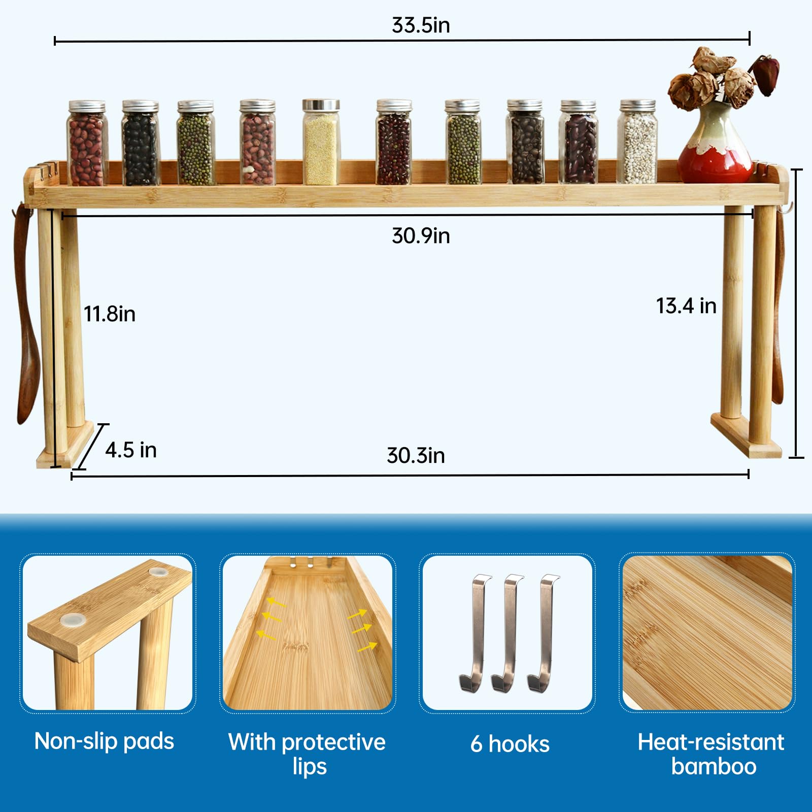 MAVOTER 34 Inch Over The Stove Spice Rack Bamboo Over The Stove Shelf for Kitchen, Spice Organizer for Top of Stove, Easy Installation 34.6 * 5.1 * 13.6 Inch