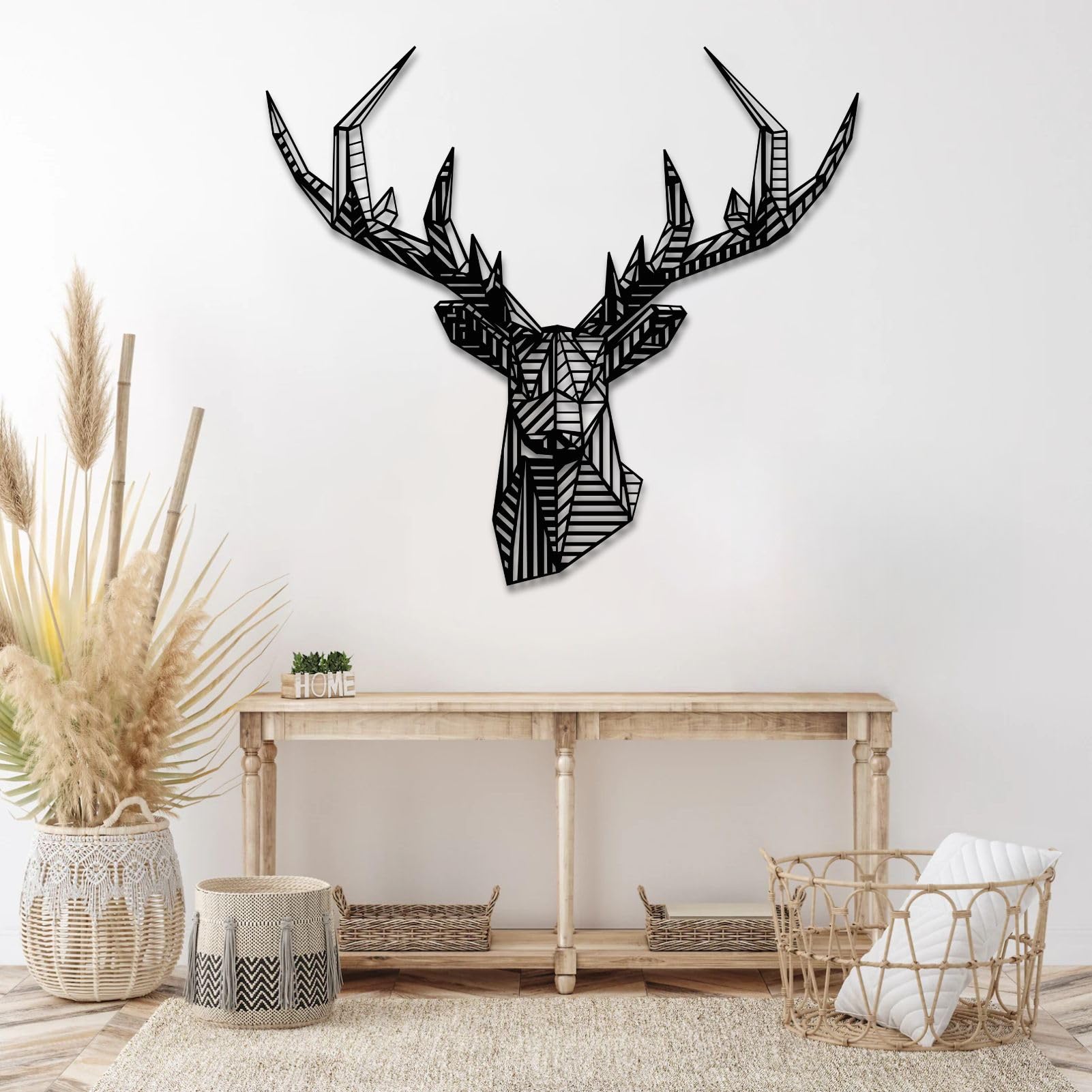 Decoración de Pared de Metal con Cabeza de Ciervo geométrica, decoración Abstracta de Ciervo, Animal para Sala de Estar, Dormitorio, Oficina, cabaña rústica (Negro, 90 x