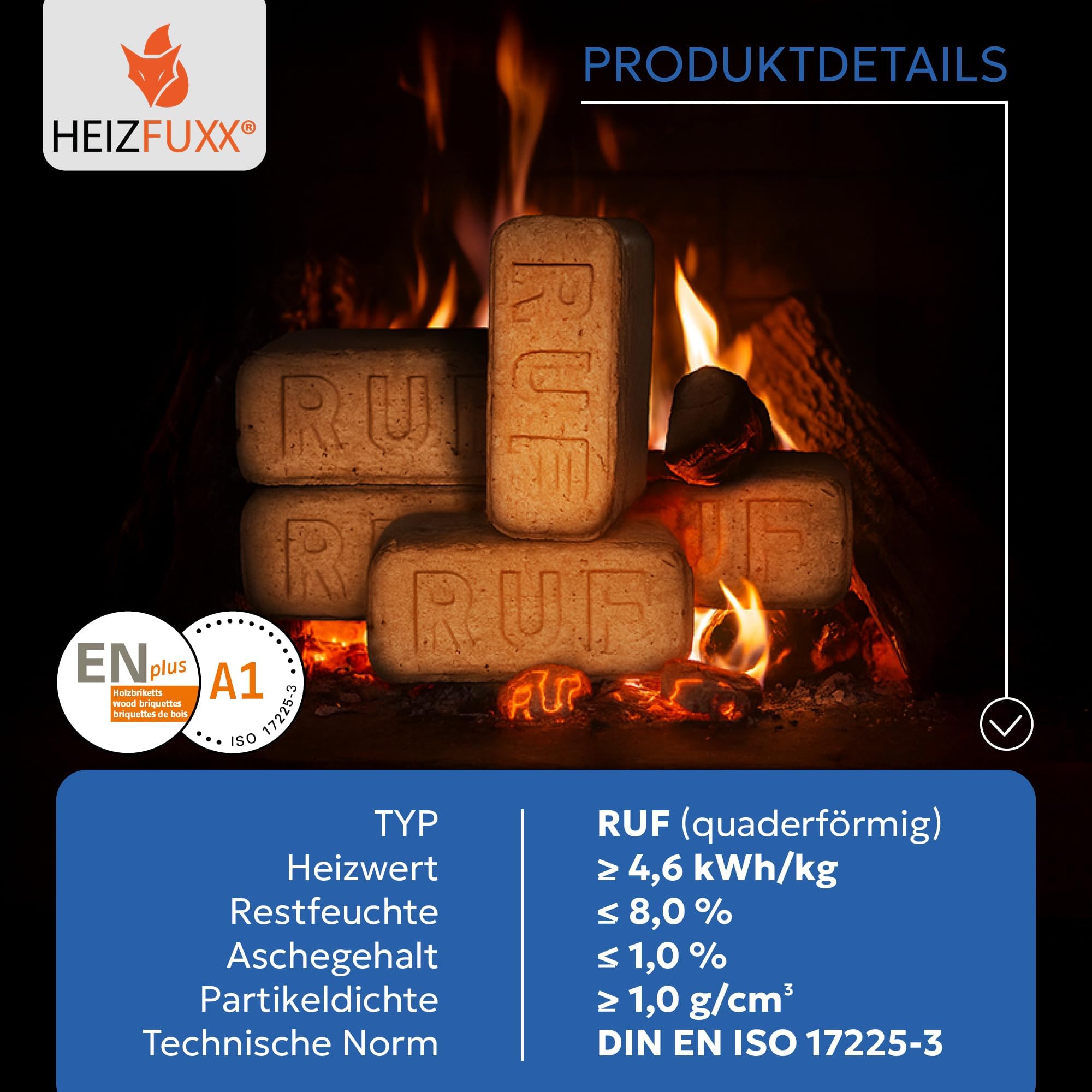 HEIZFUXX RUF Original Blue Holzbriketts Weichholz 960 kg (96 x 10 kg) 1 Palette