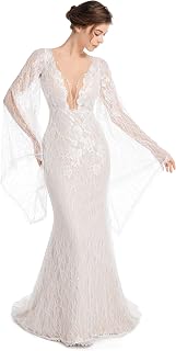 Sorayan Luxury Lace Flare Sleeves Mermaid Wedding Dress - Boho Beach Sexy Deep V Open Back Bridal Gown