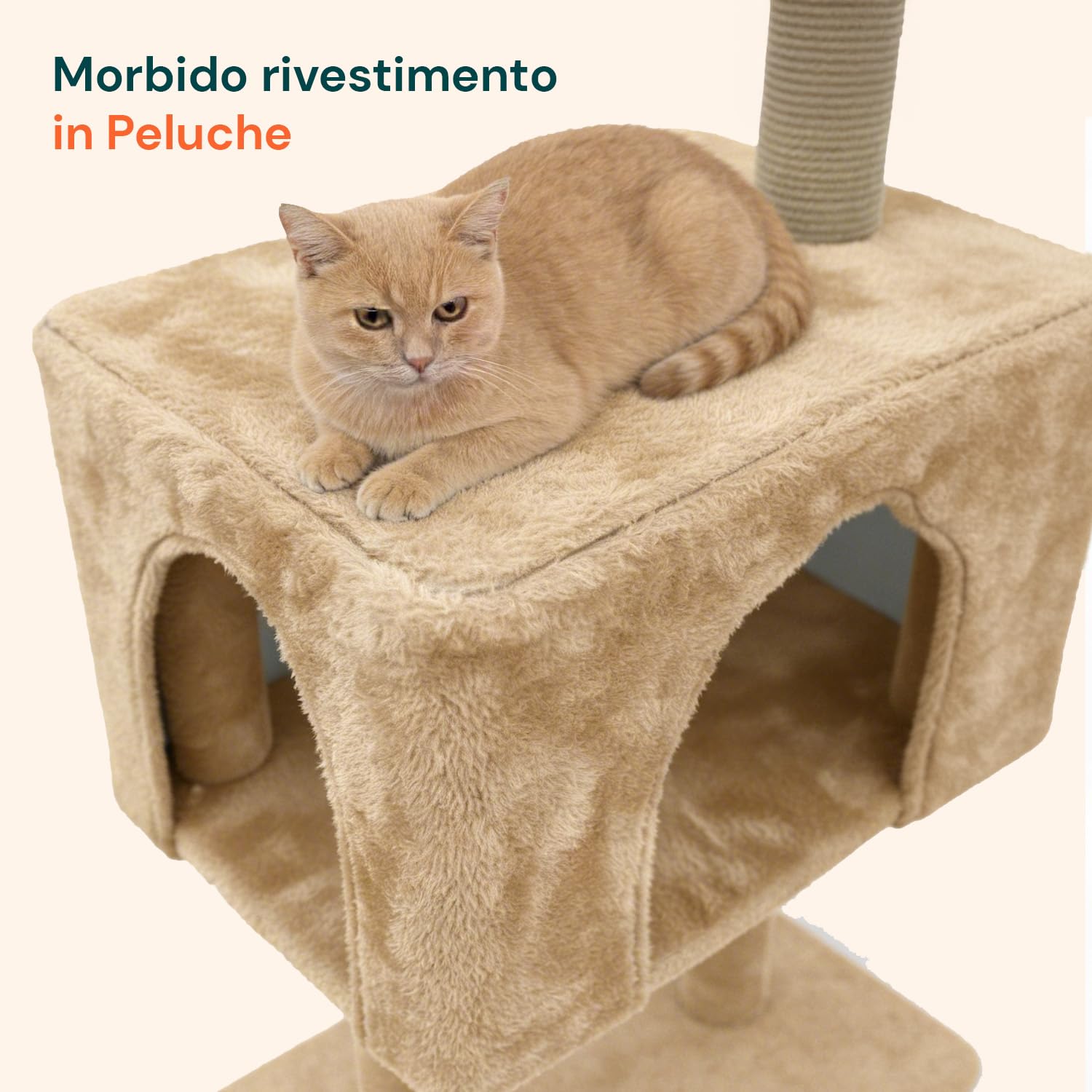 Avilia - Tiragraffi per Gatti 120 Cm Multilivello con Cuccia Chiusa e Amaca Laterale, Struttura con Colonne in Sisal e Giochi Pendente, Ideale per Uso Quotidiano in Casa (Beige)