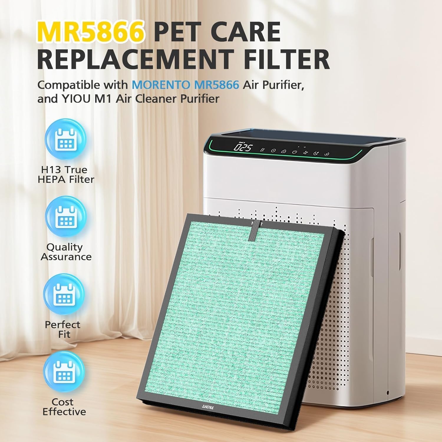 MR5866 Replacement Filter Pet Care Compatible with MORENTO MR5866 Air Purifier, 4-in-1 Filtration Filters for Home Large Room, MR5866 Pet Dander Filter for 99.97% Air Pollutants, Odor, Green, 2 Pack