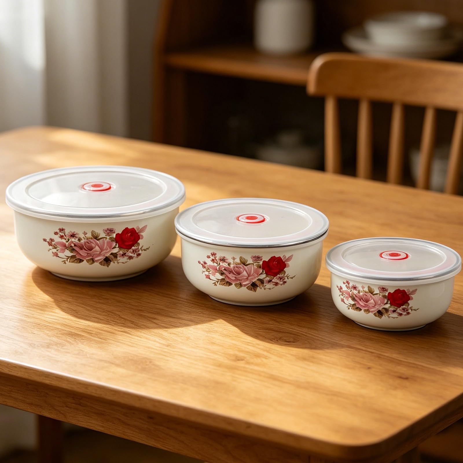 TIDTALEO Set 3 Pezzi Ciotole Smaltate con Coperchio Vintage per Conservazione Alimenti Resistente e Impilabile, Adatte per Uso in Cucina e Casa