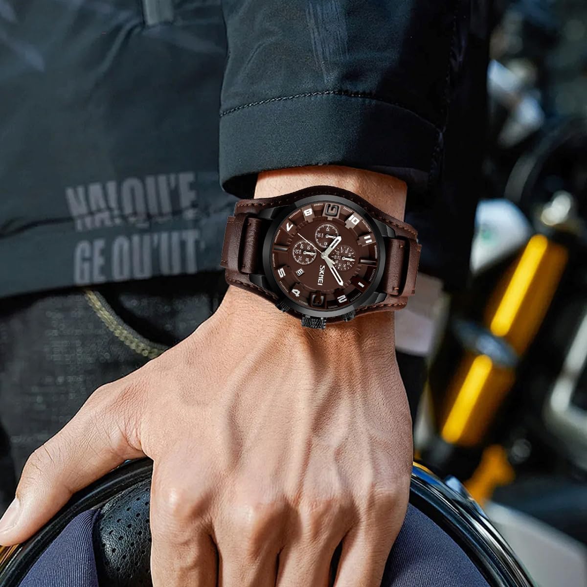 MASTOP Mens Wide Leather Cuff Sport Watch for Men Large Dial 47mm Analog Quartz Watches Waterproof Chronograph Watch Brown Dial image 3 of 6 B07C8M993Q