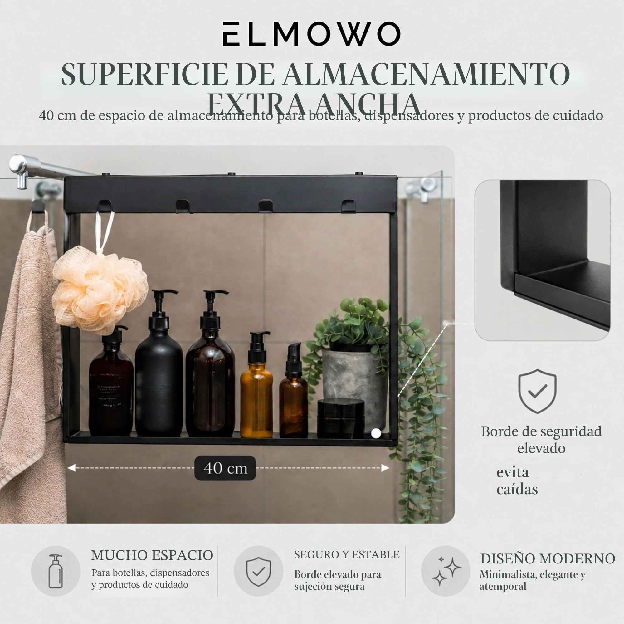 Estantería de ducha de acero inoxidable para colgar sin taladrar para puerta/pared de vidrio - Estantería de ducha para colgar con 4 ganchos - Estante para mampara de ducha de vidrio como