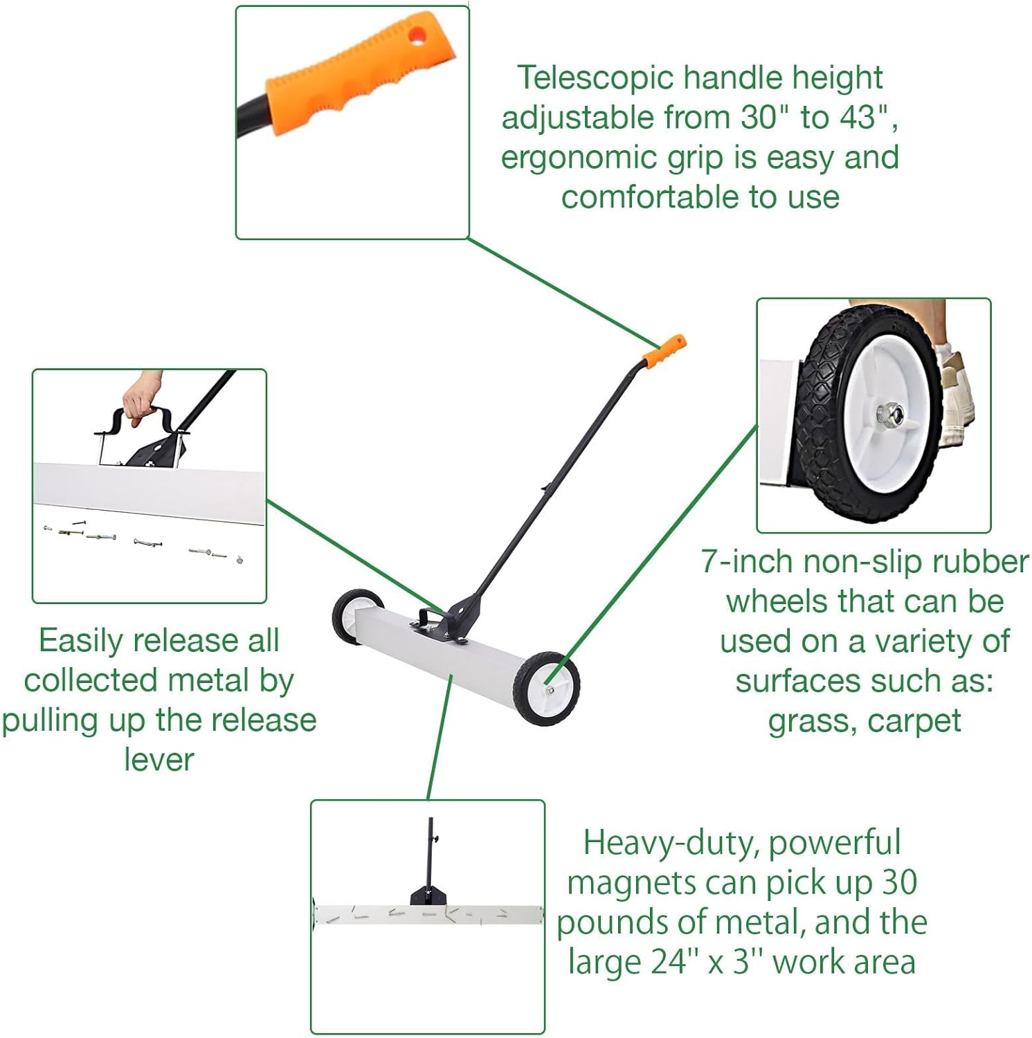 24'' Rolling Magnetic Sweeper with Release Handle, Magnetic Sweeper with Wheels, 30 Pound Capacity