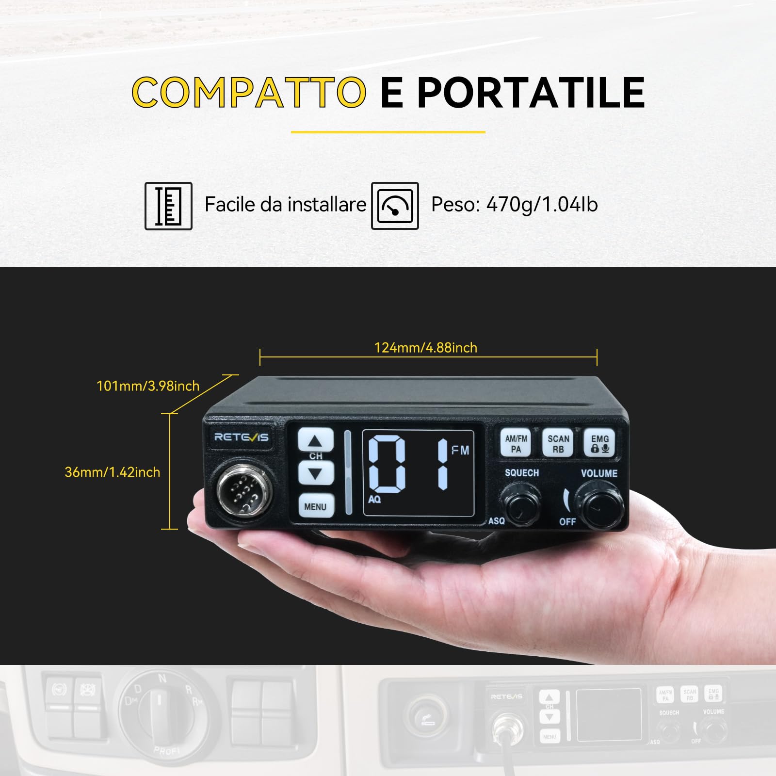Retevis MB63 Radio CB Kit Completo con Antenna, Display LCD, AM/FM, ANL, Funzione PA, VOX, SQ/ASQ, EMG CH9/19, CB Radio Mobile per Auto (1 Pz, Nero)