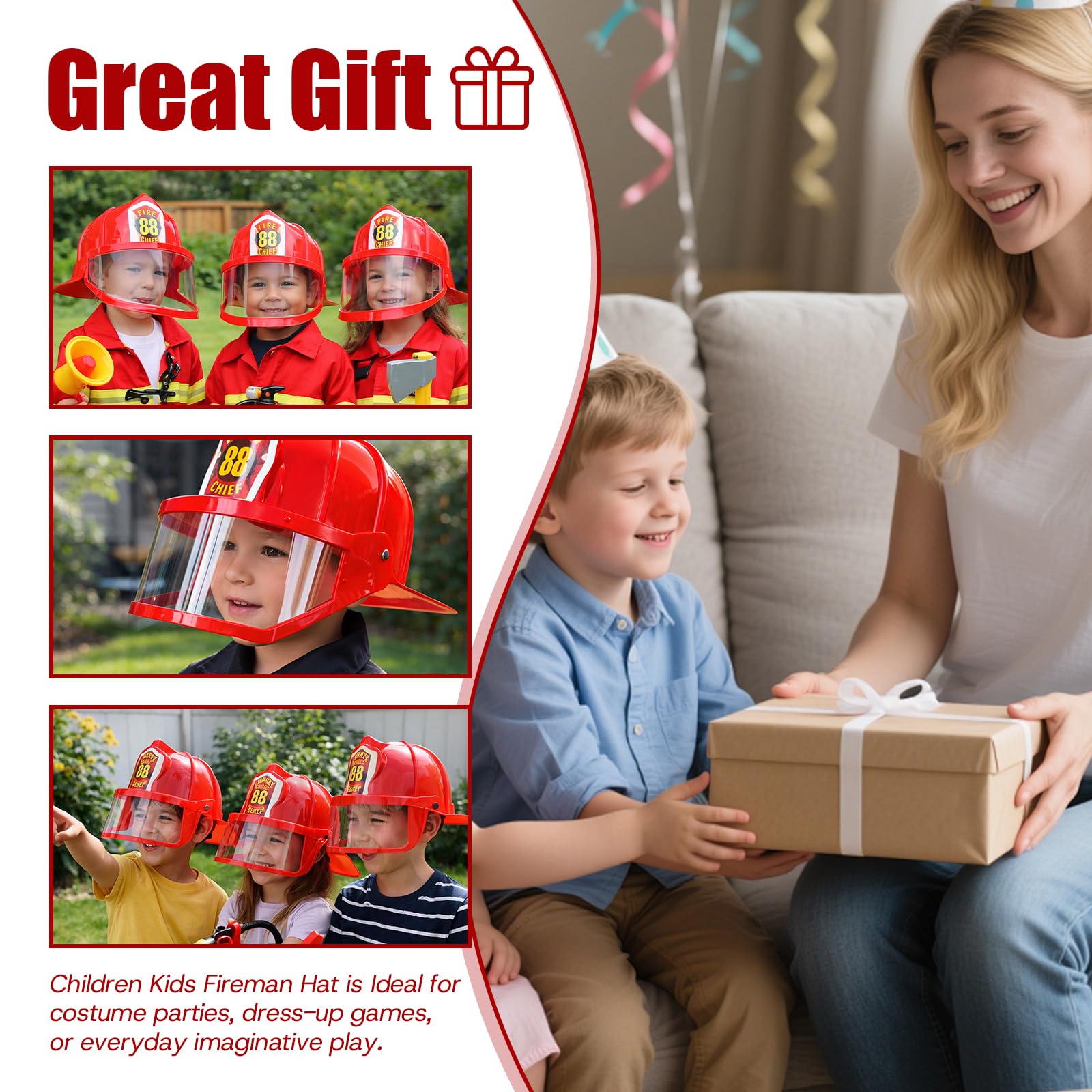 SM SunniMix Children Kids Fireman Hat Firefighting Helmet Trendy Party Favors Dress up Role Play Fire Hat Sturdy Party Cap, Red — view 4