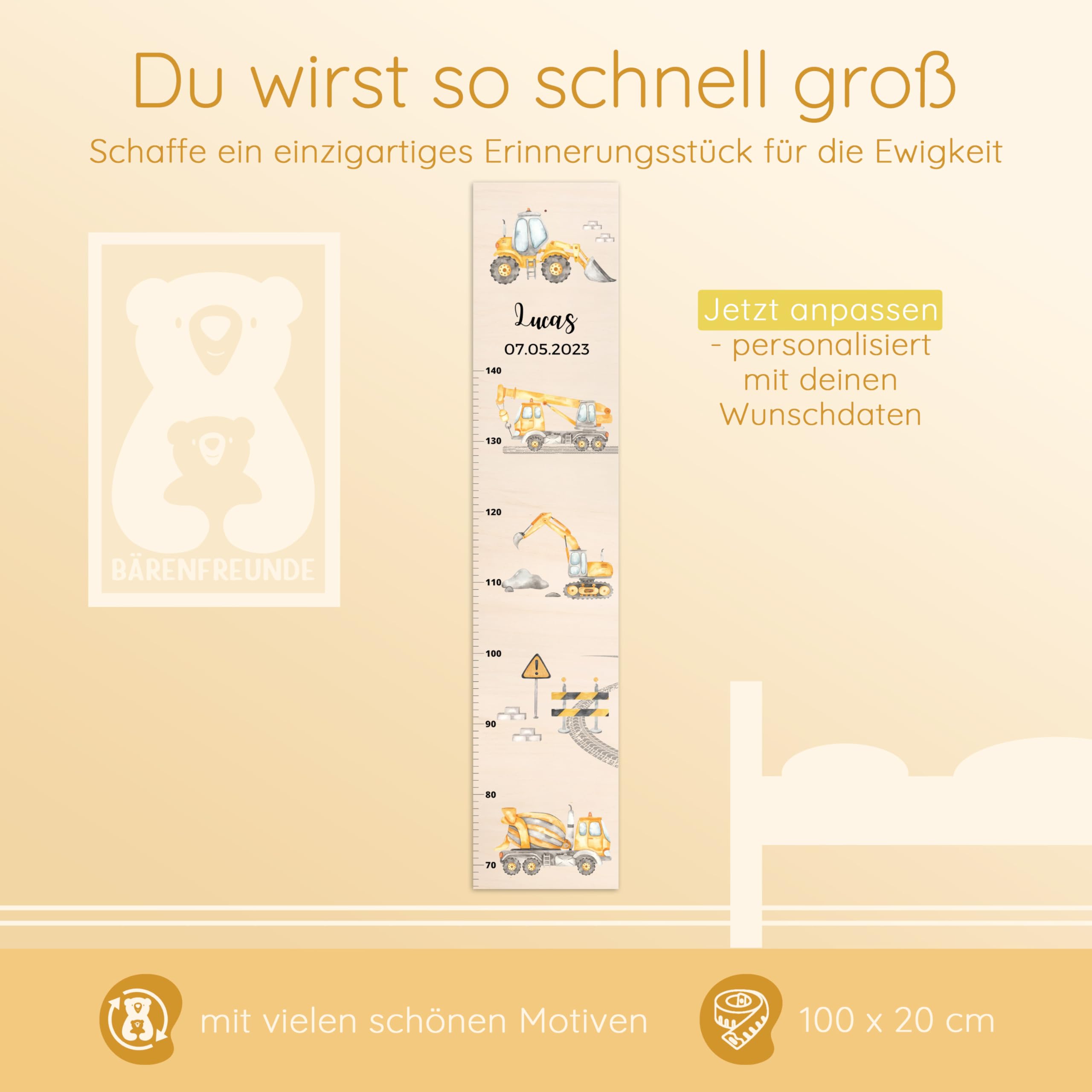 Bärenfreunde® - Personalisierte Messlatte Kind Holz zum Kleben oder Aufhängen - Skala 70-140cm - Süße Dekoration für Baby- & Kleinkinderzimmer (Kinder 70-140cm, Baggerfahrzeuge)