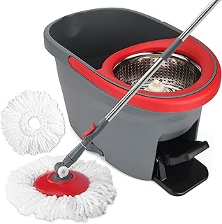 Easy Wring & Clean spin mop & bucket set with foot pedal|Floor mop with spinning wringer|360-Degree Rotation|Adjustable handle height equipped with 2 turbocharged 100% microfiber mop heads.