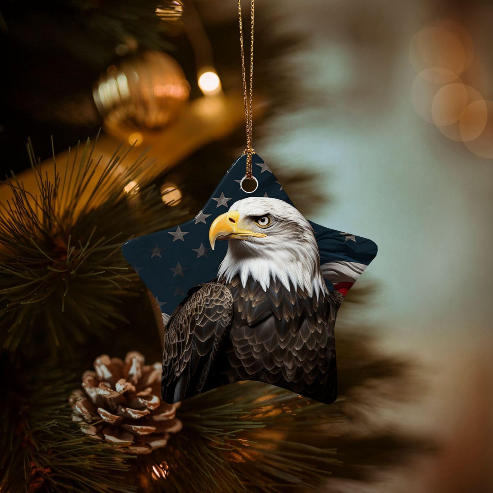 Christmas Tree Ornaments Ceramics Christmas Decorations American Bald Eagle Ornaments with Gold Ribbon Porcelain Xmas Tree Crafts Star Shape Hanging Pendant for Christmas Tree Party Decor