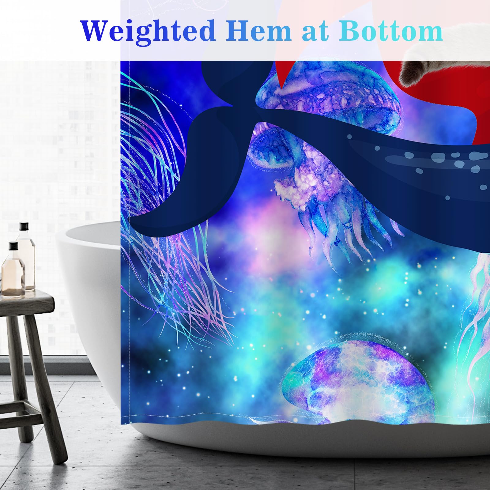 Aimego Divertidas cortinas de ducha de gato, lindo gato montando ballena tiburón en el espacio, galaxia, fantasía, medusas, juego de cortina de ducha con 12 ganchos para adultos y niños, accesorios de