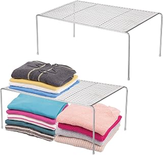 mDesign Large Metal Raised Closet Storage Shelf Organizer for Bedrooms, Bathrooms, Living Room Organization - Holds Clothes, Shoes, Jeans - Concerto Collection - 2 Pack - Silver