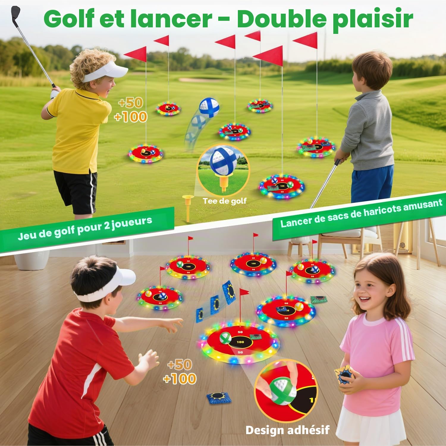 VATOS Golf lumineux 2 en 1 pour enfants – Jeu de golf et lancer de pouf avec 6 cibles LED, 2 clubs, 18 balles, jeu de golf de nuit pour intérieur et extérieur, fête, cour, cadeau de golfeur, jouets de