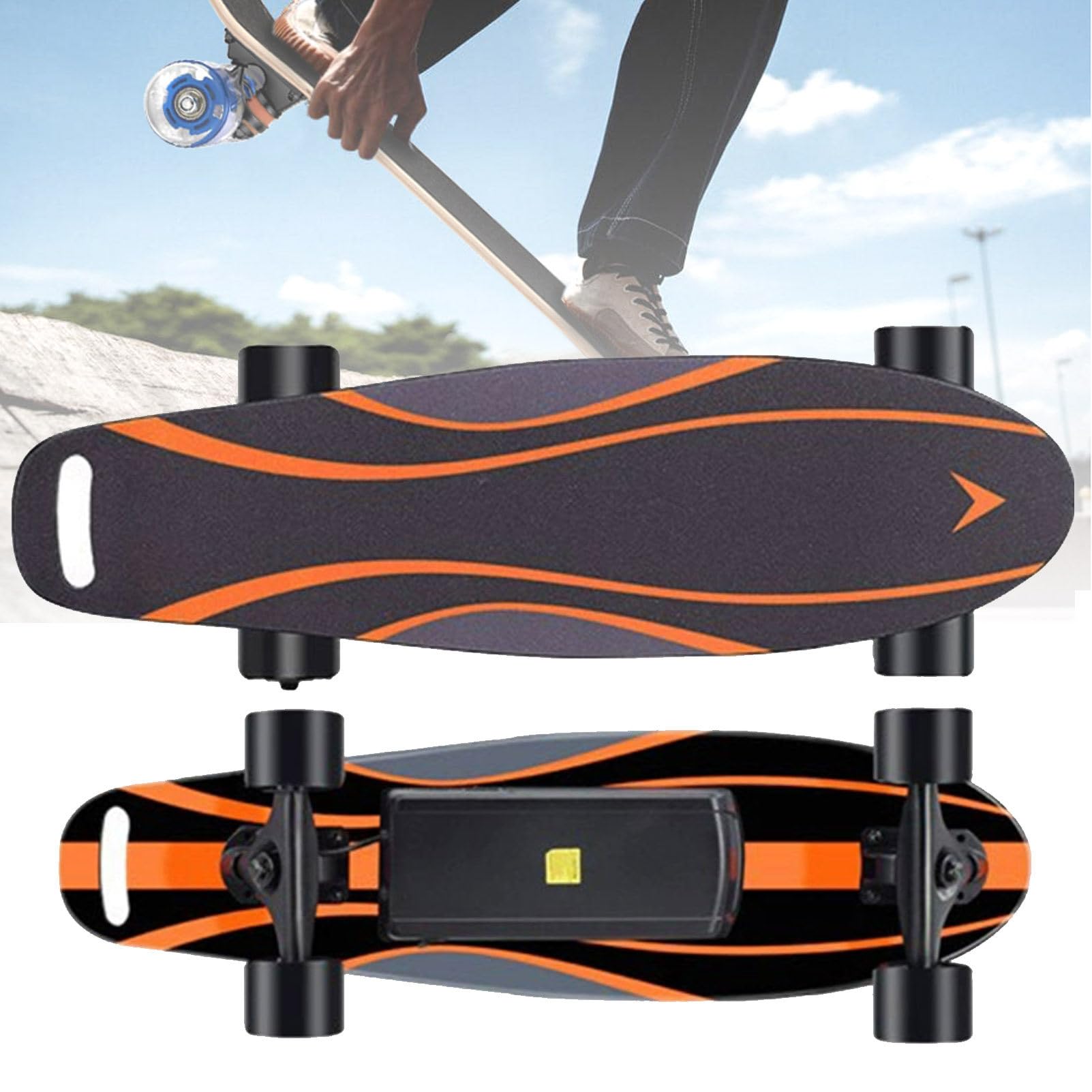 Skateboard électrique avec télécommande, vitesse maximale de 15 km/h, autonomie de 15 km, charge maximale de 60 kg, 4 vitesses, plateau en érable 8 plis - Longboard électrique pour tous Orange