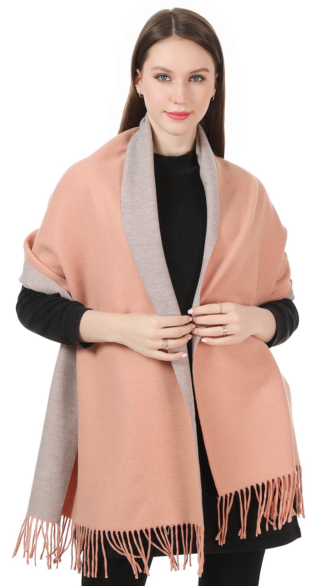 World of Shawls Winter Scarf Pashmina Shawl Wrap for Women Ladies Long Large Warm Thick Reversible Blanket Scarves (Peach and Light Silver)