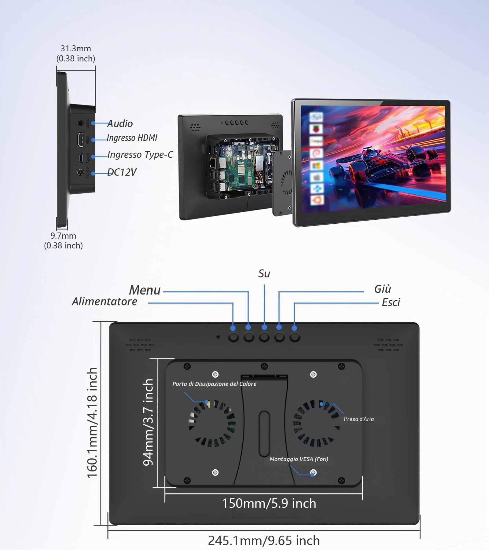Monitor touch screen 10,1 pollici, 60 Hz, portatile 1920 x 1200, IPS, contrastso standard dello schermo VESA 16:10, compatibile con Ras Pi 5/4B/4/3/2 Windows 10/8/7