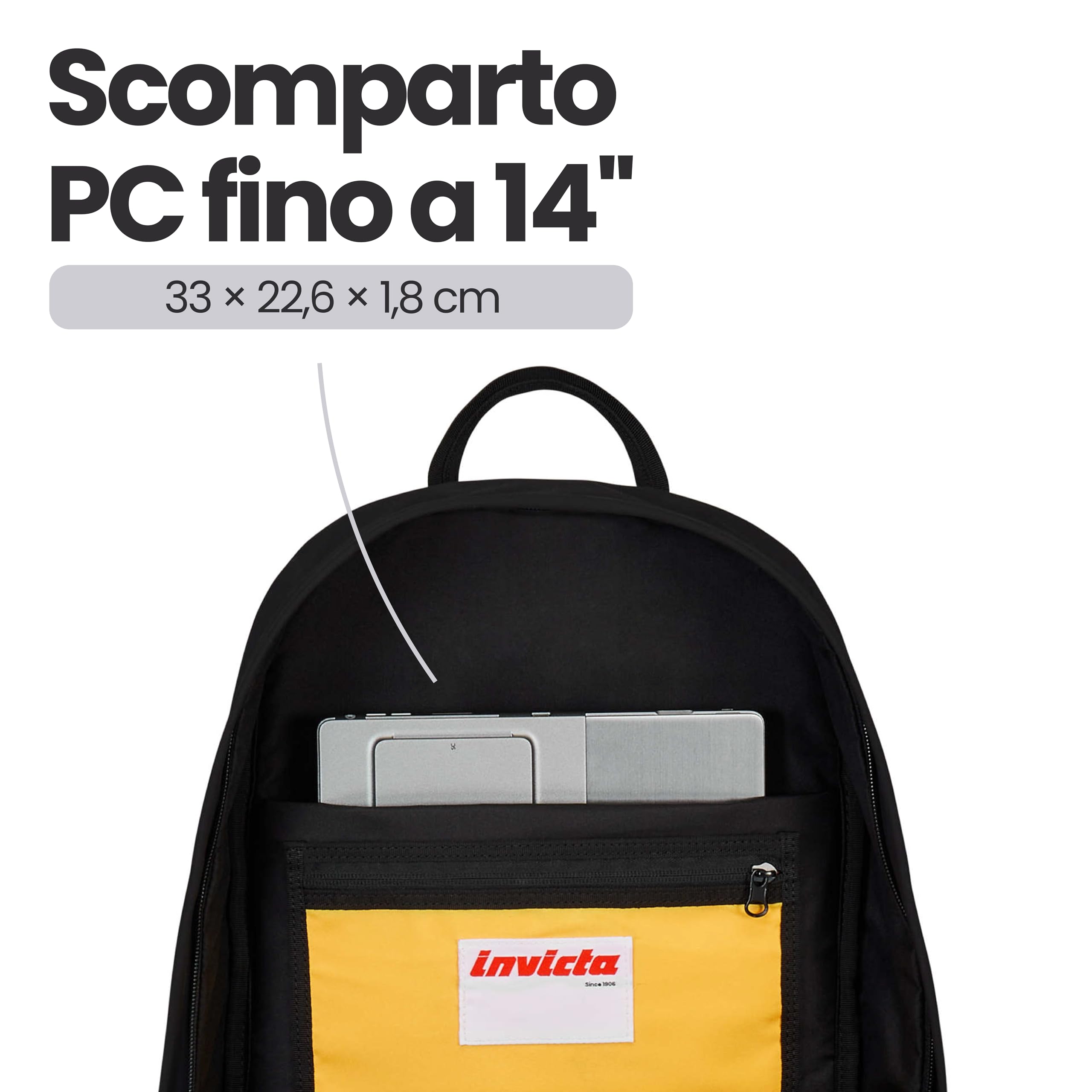 Invicta Zaino Lavoro Act Plus, Nero, Doppio Scomparto Con Tasca PC 14", Tasca Borraccia e Fondo Rinforzato, Zaino Capiente e Versatile da 29 L Per Ufficio e Università, Per Uomo e Donna