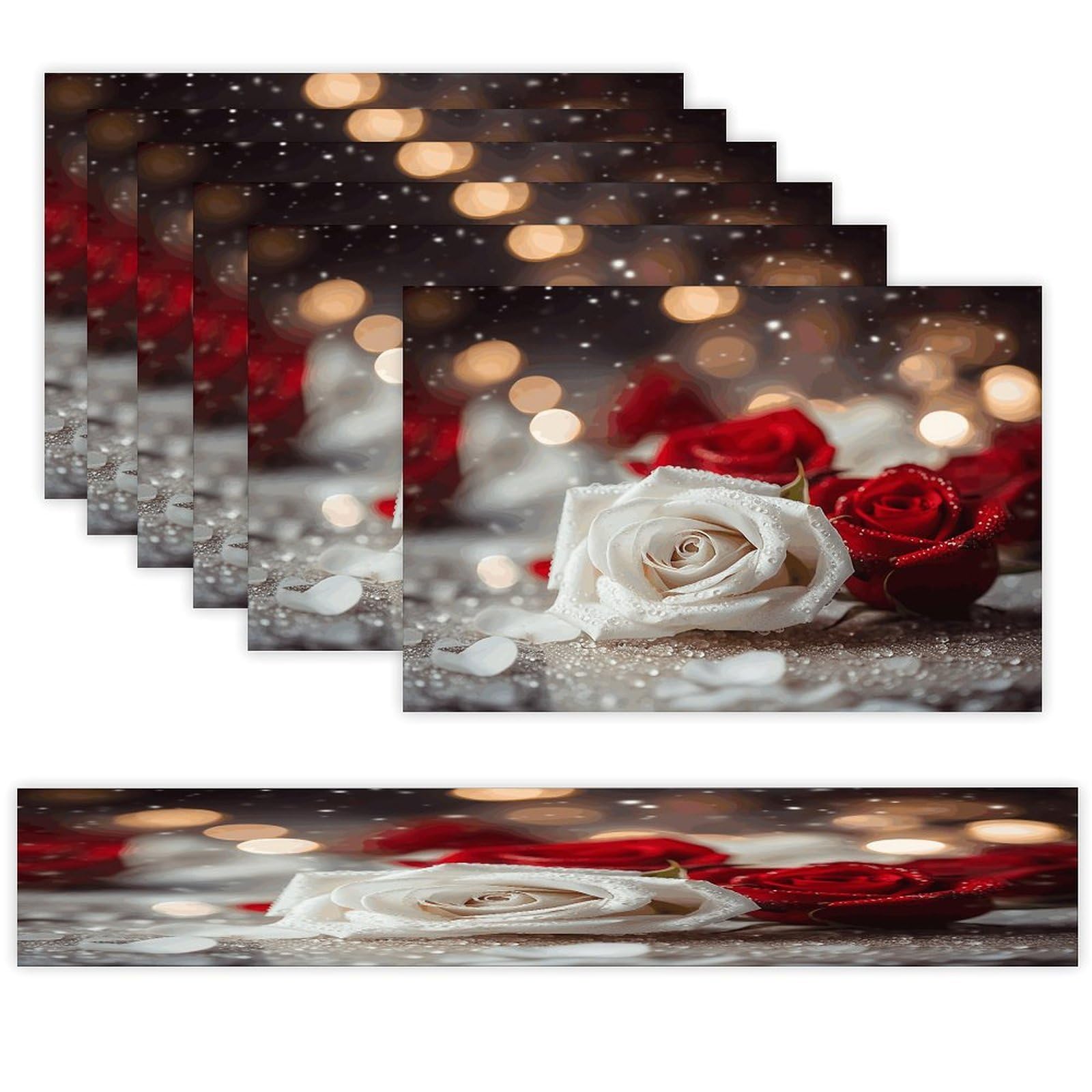 Roses in Background Table Runner and Placemats Set of 6 for Kitchen Washable Table Mats Heat Resistant Place Mats Non-Slip Place Mat Wipeable Placemat(6 Placemats+1 Table Runner)