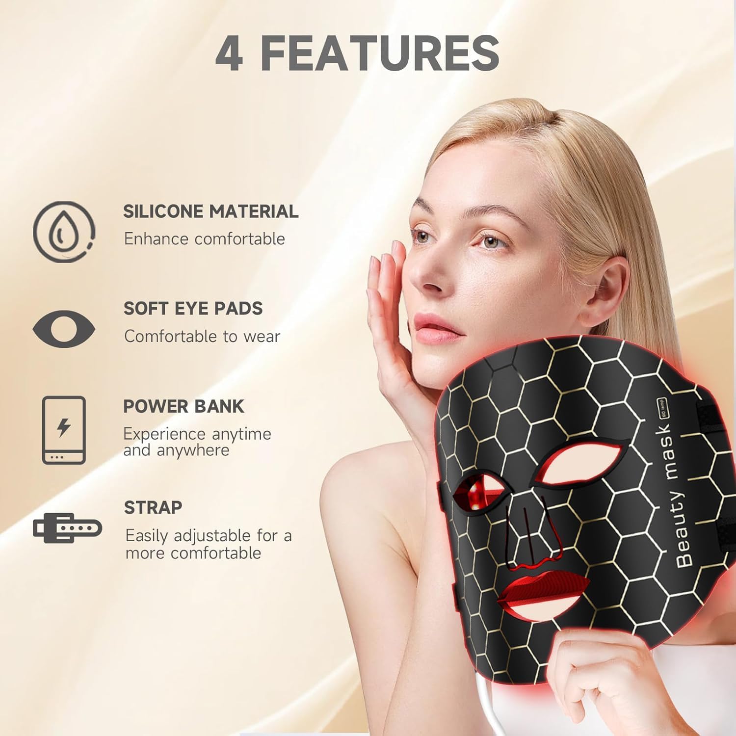INTEO Luminothérapie 3 Modes Portatif LED Masque De Visage Avec Télécommande, Rouge