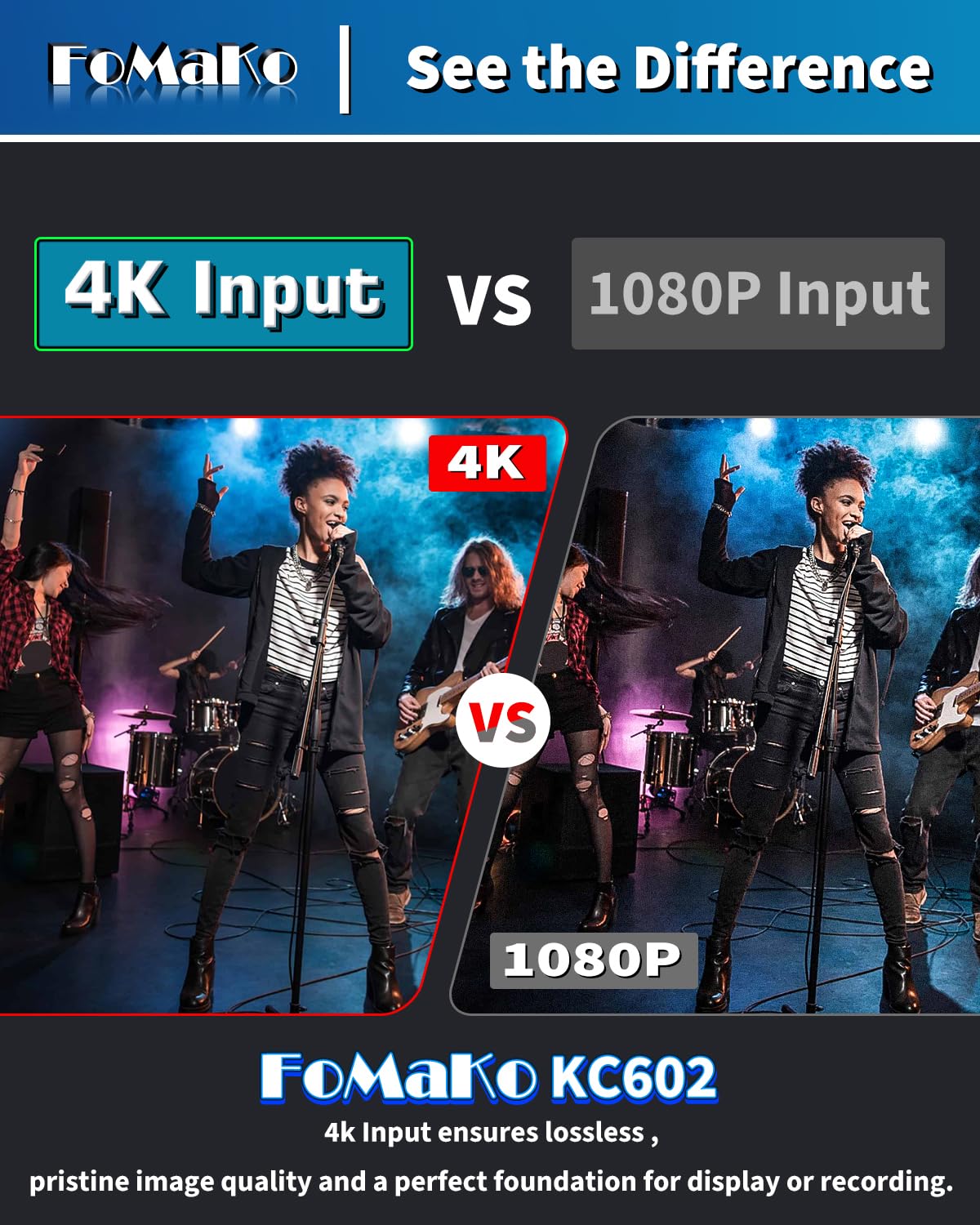FoMaKo Przełącznik miksera wideo 4K, ekran LCD 5,5 cala, FHD, 4-kanałowy przełącznik transmisji na żywo HDMI, wejście 4K 60FPS, wyjście 1080p 60FPS, obsługa kontrolera PTZ, KC602
