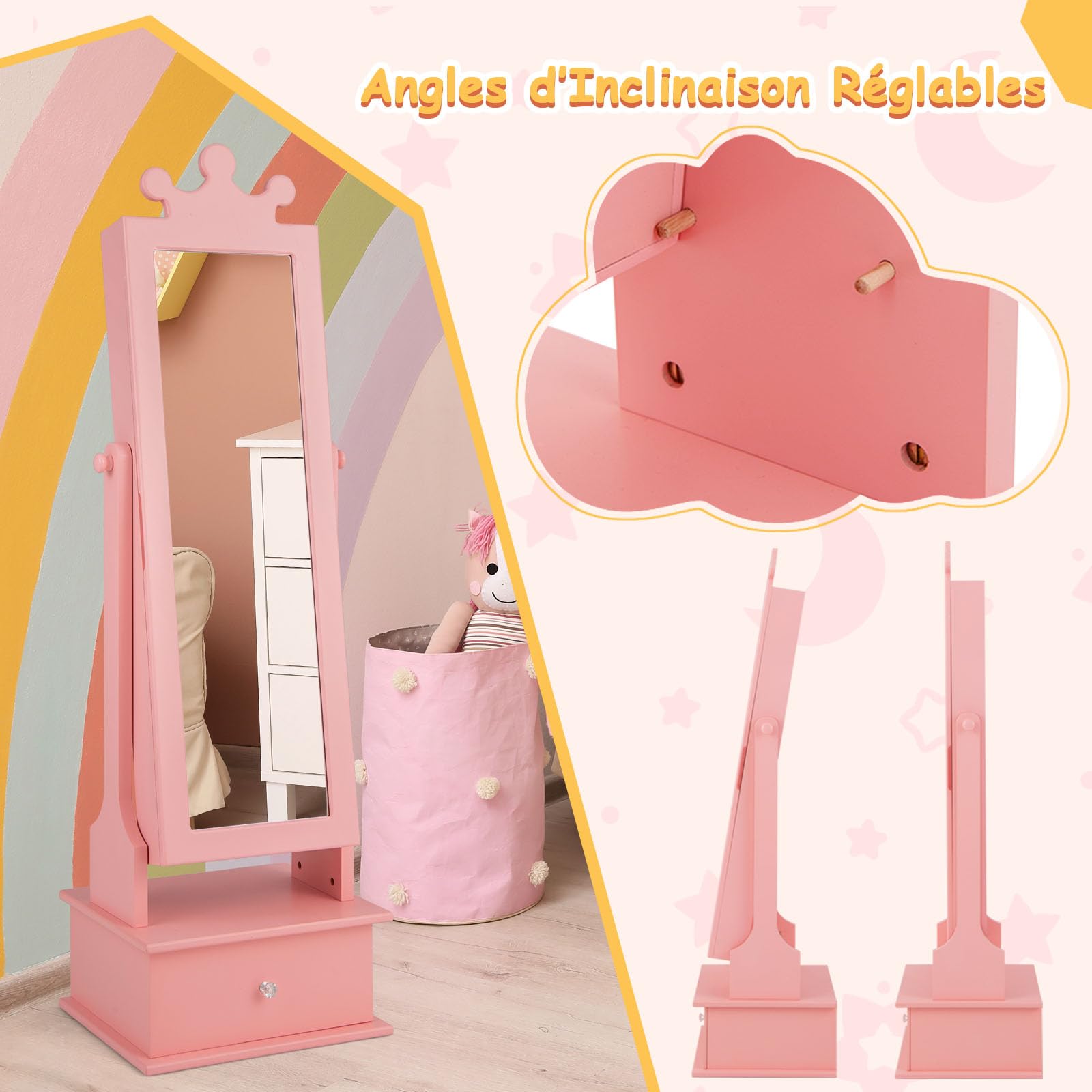 GOPLUS - Armario de joyería infantil con espejo de longitud completa, organizador de joyas con 3 cajones y 4 estantes de almacenamiento, 13 ganchos y 18 ranuras para pendientes, rosa (Pink)